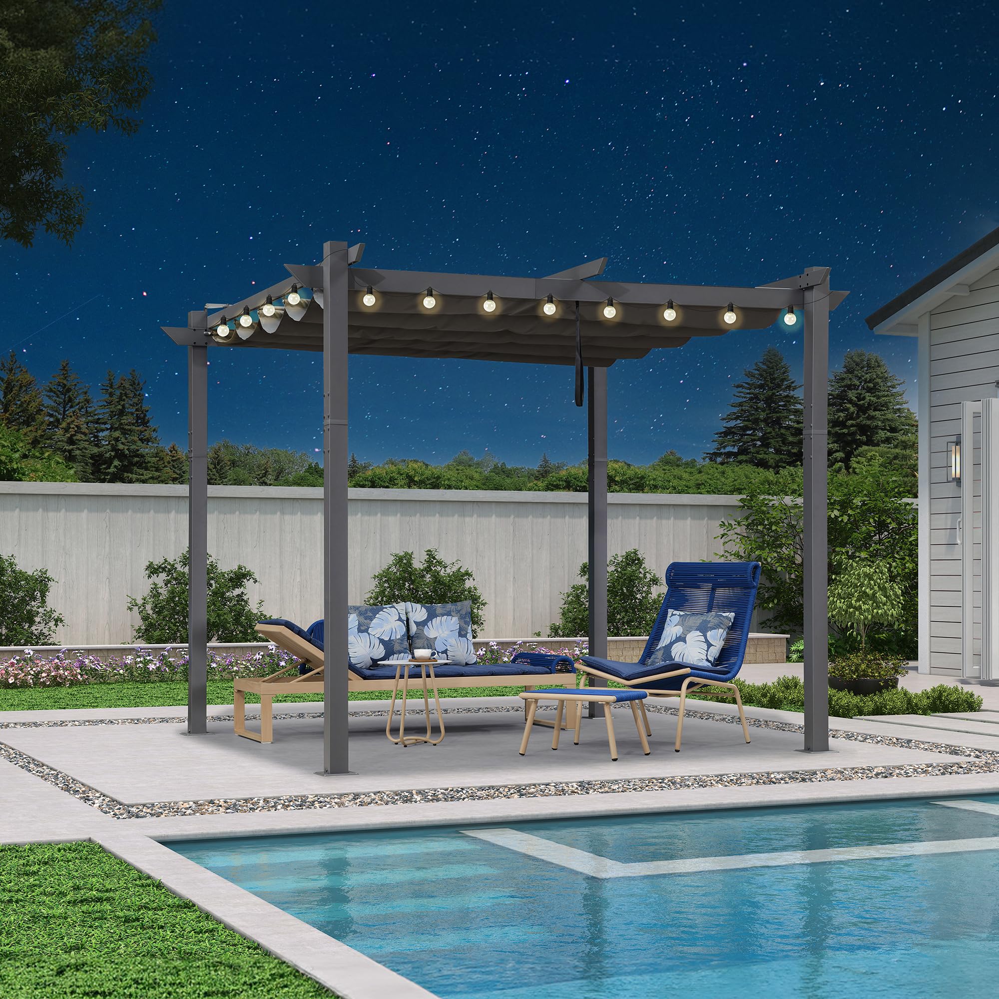 10' x 10' Aluminum Outdoor Pergola Modern Grape Trellis Retractable Pergola with Double Sun Shade Canopy Metal Pergola with Light for Patios Backyard Deck Garden, Grey