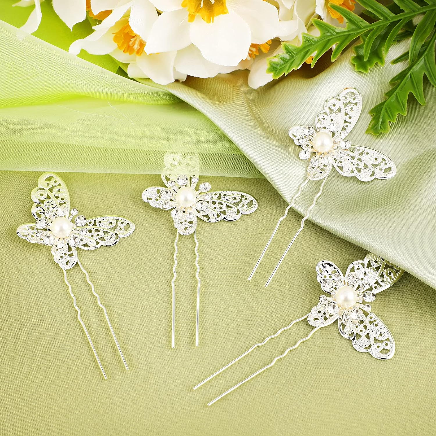 12 Pieces Butterfly Hair Pin Butterfly Hair Clips Crystal Pearl Hair Clips Bridal Wedding Hair Pins Bride Headwear Hair Accessories for Women(Charming Style)