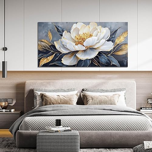 Miniatura 7 de AOZEMI Decoraciones de pared florales, cuadros blancos, flores, arte de pared, lienzo moderno, decoración de pared dorada para sala de estar,