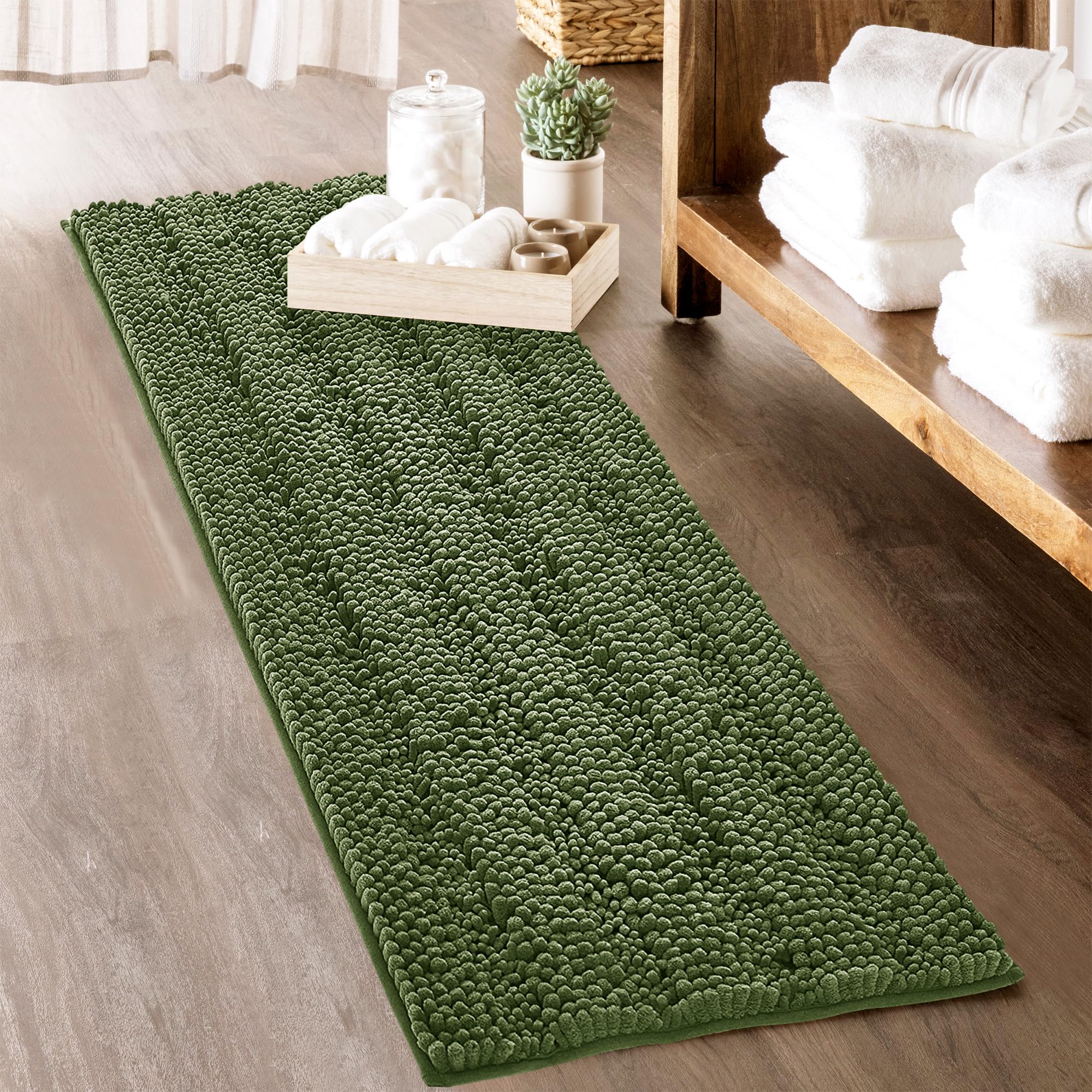 KGORGE Tapis de bain doux et antidérapant pour salle de bain - Confortable à poils longs - En chenille épaisse - Absorbant l'eau - Séchage rapide - Vert sauge - 152,4 x 61 cm