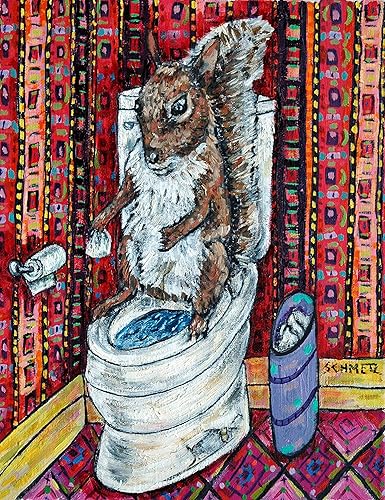 squirrel in the bathroom art print - streched canvas or pap erp rint - birthday gift for him or her - bathroom decor squirrel in the bathroom art print - streched canvas or pap erp rint - birthday gift for him or her - bathroom decor