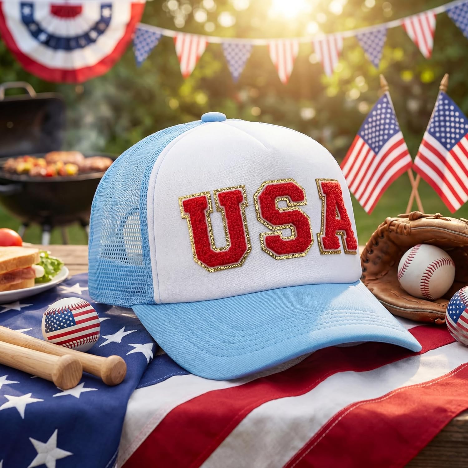 Twistover 6 Pcs USA Trucker Hat for Women Patriotic 250 Anniversary Hat Light Blue Baseball Hats Breathable Mesh Adjustable Snapback American Hats for Men 4th of July Outdoor Parade Activities