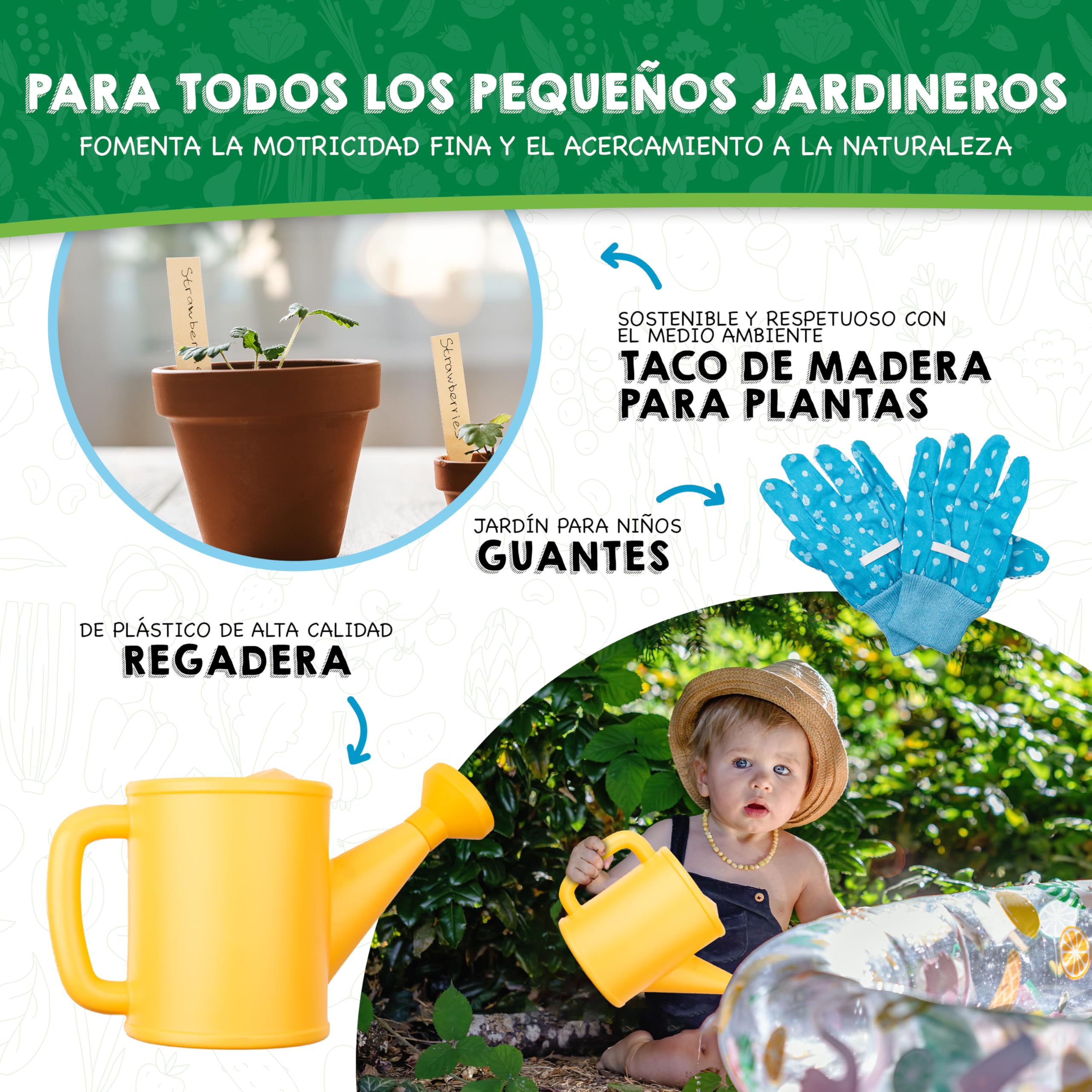 PHIBER-SPORTS Juego de Herramientas de jardín para niños (11 Piezas) - Herramientas de jardinería para niños a Partir de 3 años - Herramientas de Metal, regadera, Guantes de jardín, Bolsa