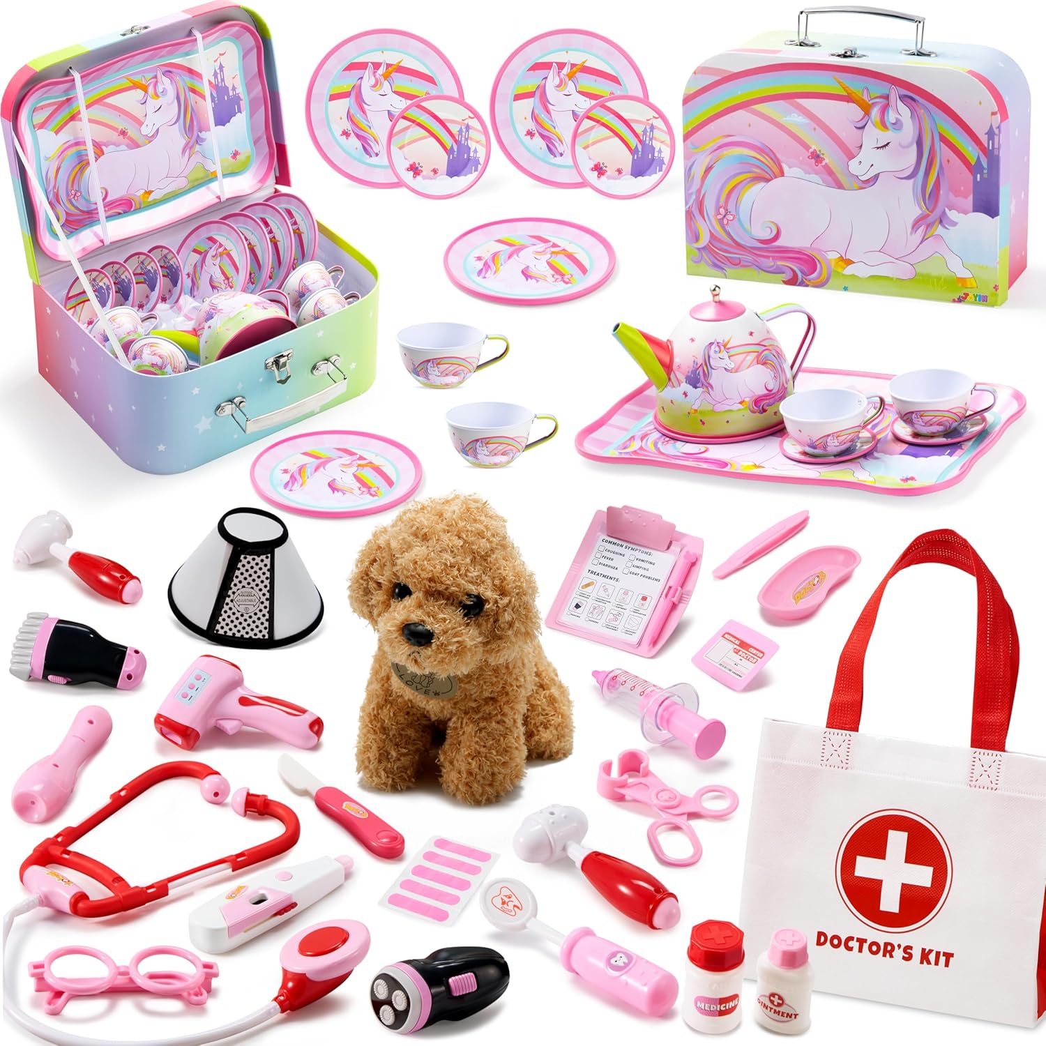 JOYIN Unicorn Tea Set for Toddlers and SYNCFUN Doctor Kit for Girls, Tea Party Set for Children Kids Pretend Role Play Tin Teapot Set, 22 PCS Veterinarian Playset for Kids