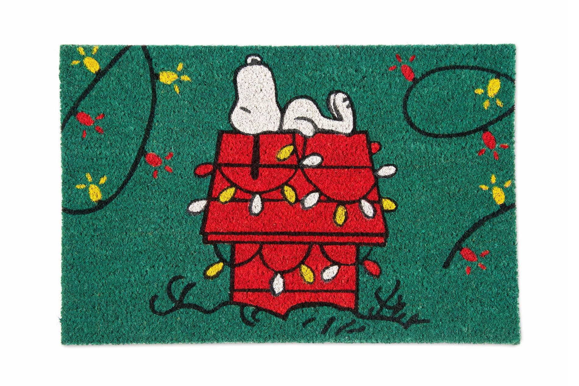 Excelsa Peanuts Shiny and Bright Entrance Doormat Coconut Fibre, 60 x 40 cm, Green with Christmas Snoopy, Non-Slip PVC Base