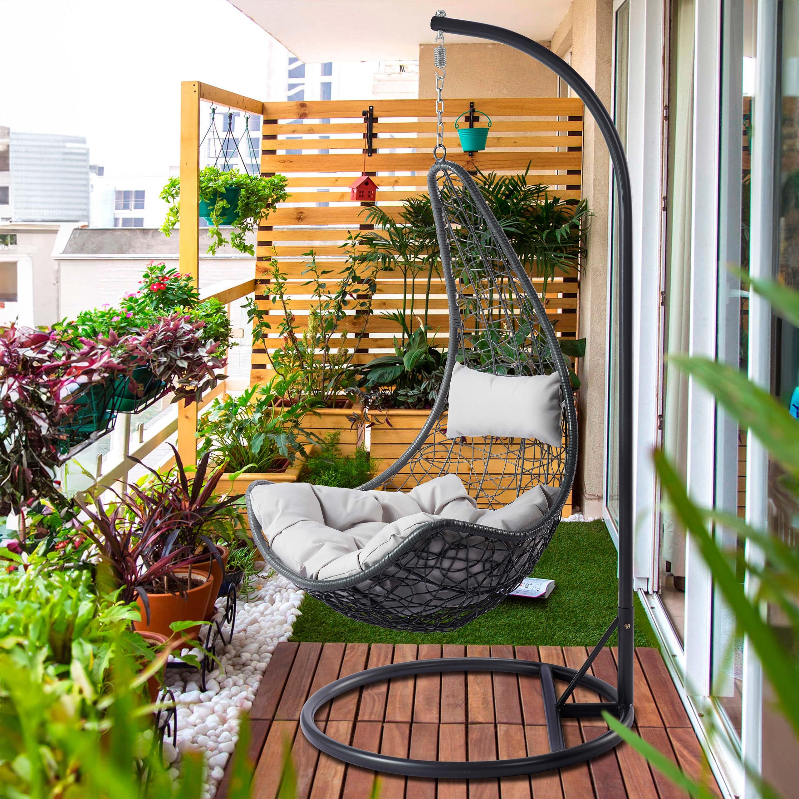 Mirjan24 Hängesessel mit Gestell und Kissen Boho, Outdoor Hängestuhl Hängekorb Hängesitz Stahlskelett (Grau/Grau)