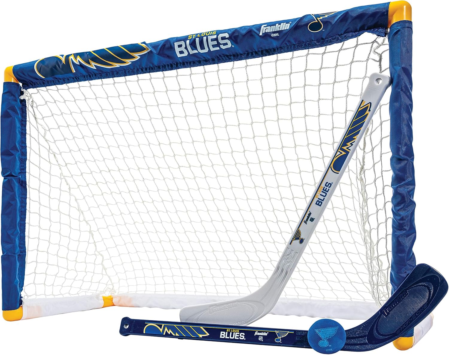 Franklin Sports NHL Mini Hockey Set - Kids Indoor Knee Hockey Goal, Ball, + 2 Stick Combo - Youth Team Indoor Toy Set - Official - Ages 3+ St. Louis Blues