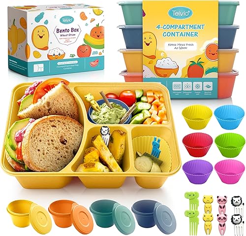 Teivio Paquete de 4 loncheras bento de plástico con tapa, contenedor reutilizable de 4 compartimentos para preparación de comidas, recipiente de