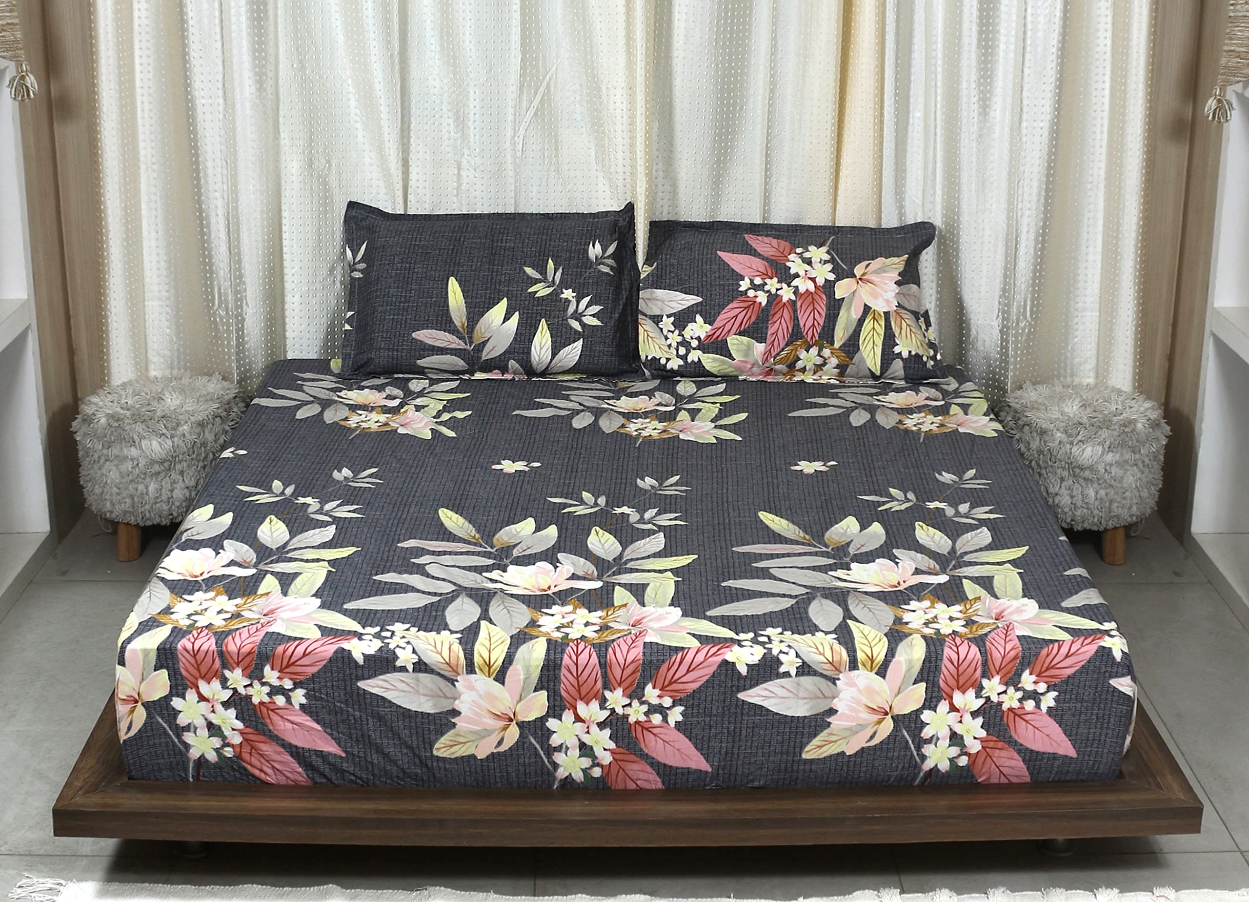 Sheen Decor Polycotton Feel Glace Cotton Elastic Fitted Printed King Size Double Bed Bedsheet with 2 Pillow Cover (72'x78') (Gray)