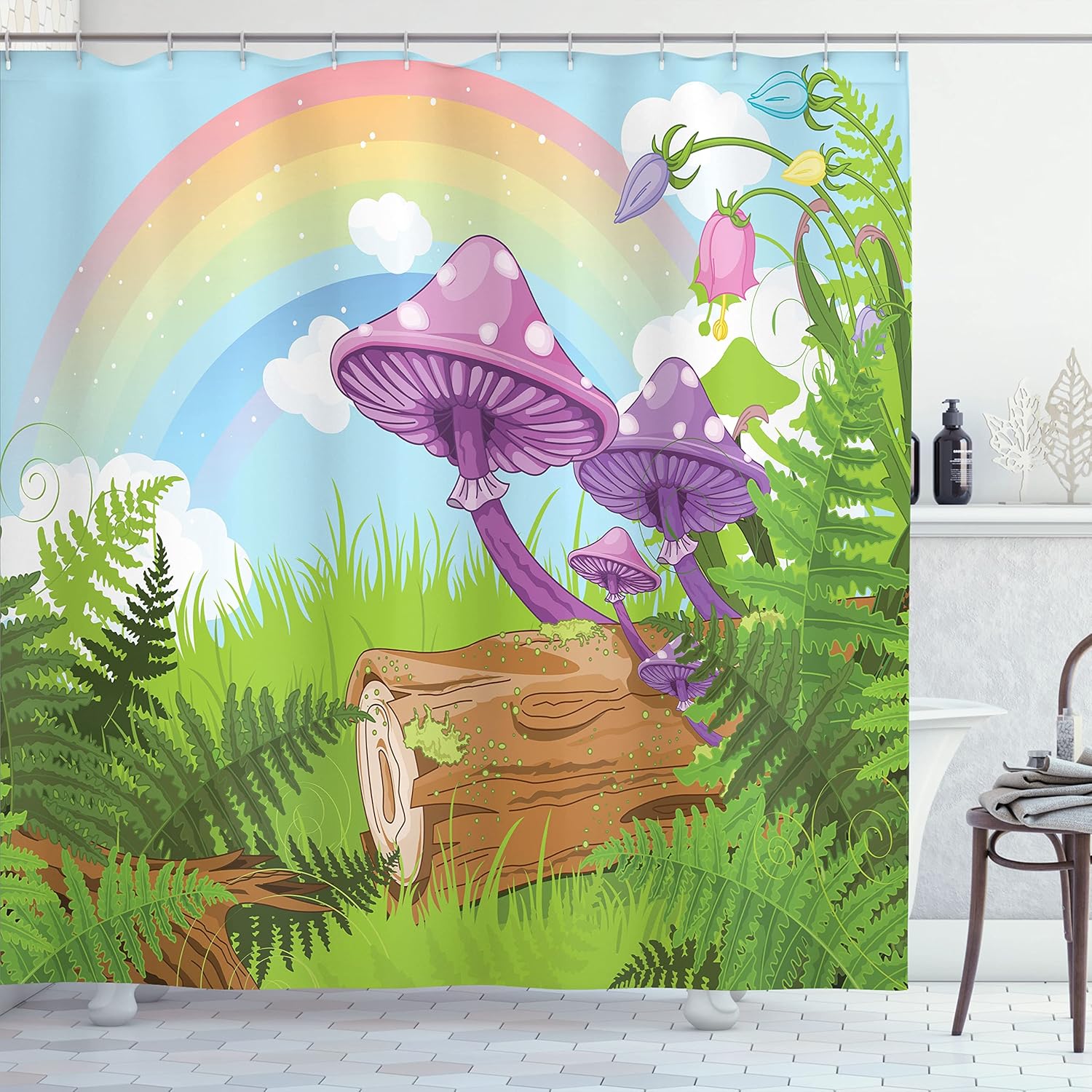 Ambesonne Mushroom Shower Curtain, Scenery with Wood Timber Grass and Rainbow Leaves Art Cartoon Design Print, Cloth Fabric Bathroom Decor Set with Hooks, 69" W x 75" L, Pale Green