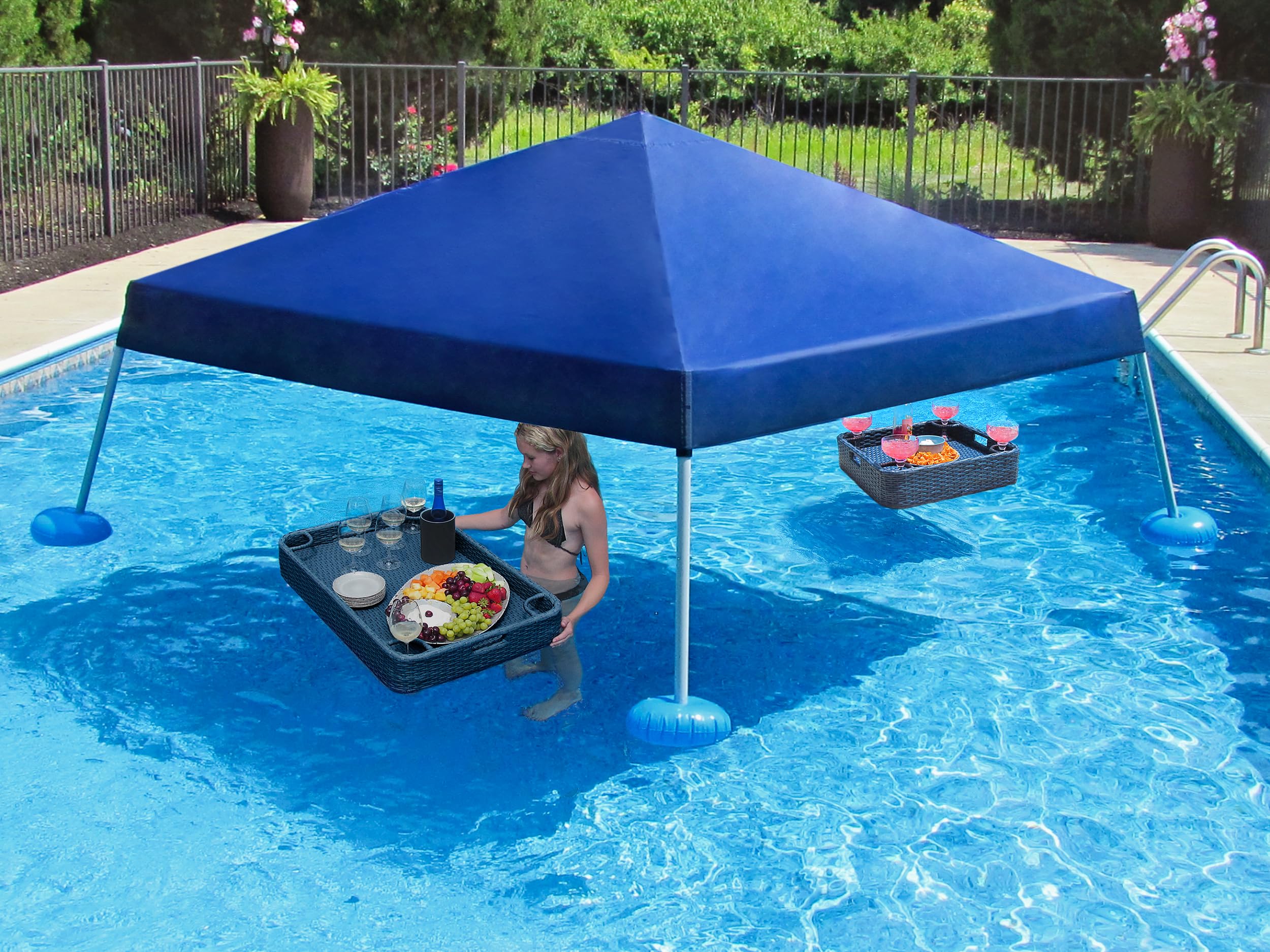 Sunjoy Floating Pool Canopy with Add-on Wicker Floating Tray 24x24 in & 36x24 in, Navy