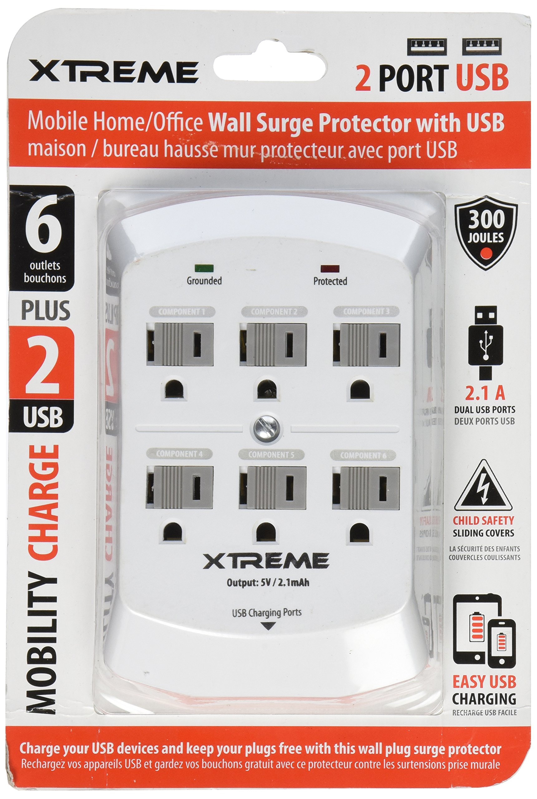 Xtreme 28621 6-Outlet Wall Tap with 2 USB Ports