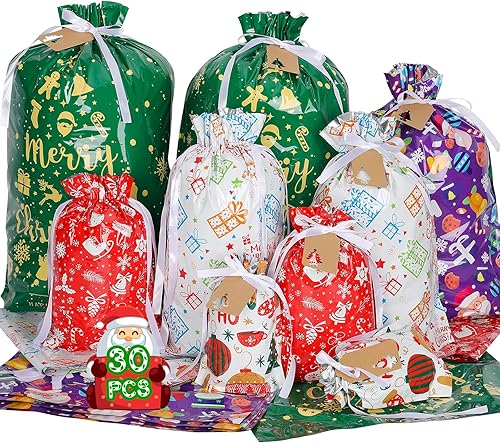 Bolsas de regalo de Navidad de varios tamaños, 30 bolsas de Navidad con cordón para regalos, bolsas de regalo de Navidad pequeñas, medianas y