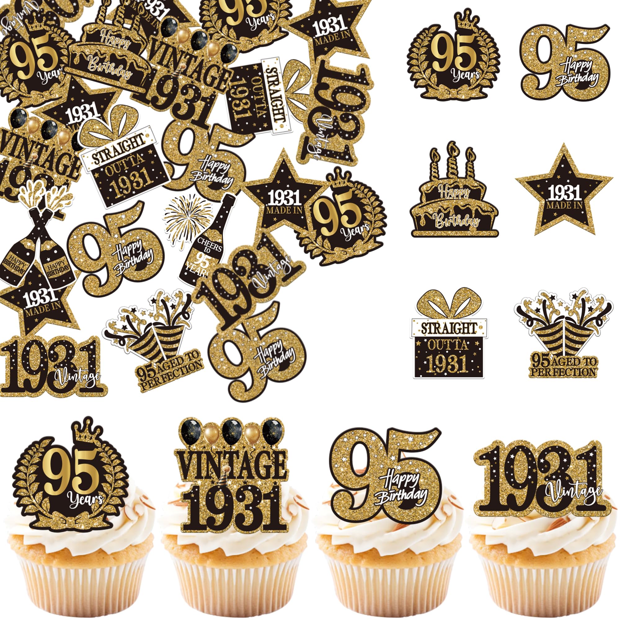 60 Pack Edible 95th Cupcake Toppers Hello 95 Vintage 1921 Birthday Cake Decorations for Happy 95th Birthday 95th Cake Decoration for Birthday Wedding Anniversary Accessories Party Cake Decoration