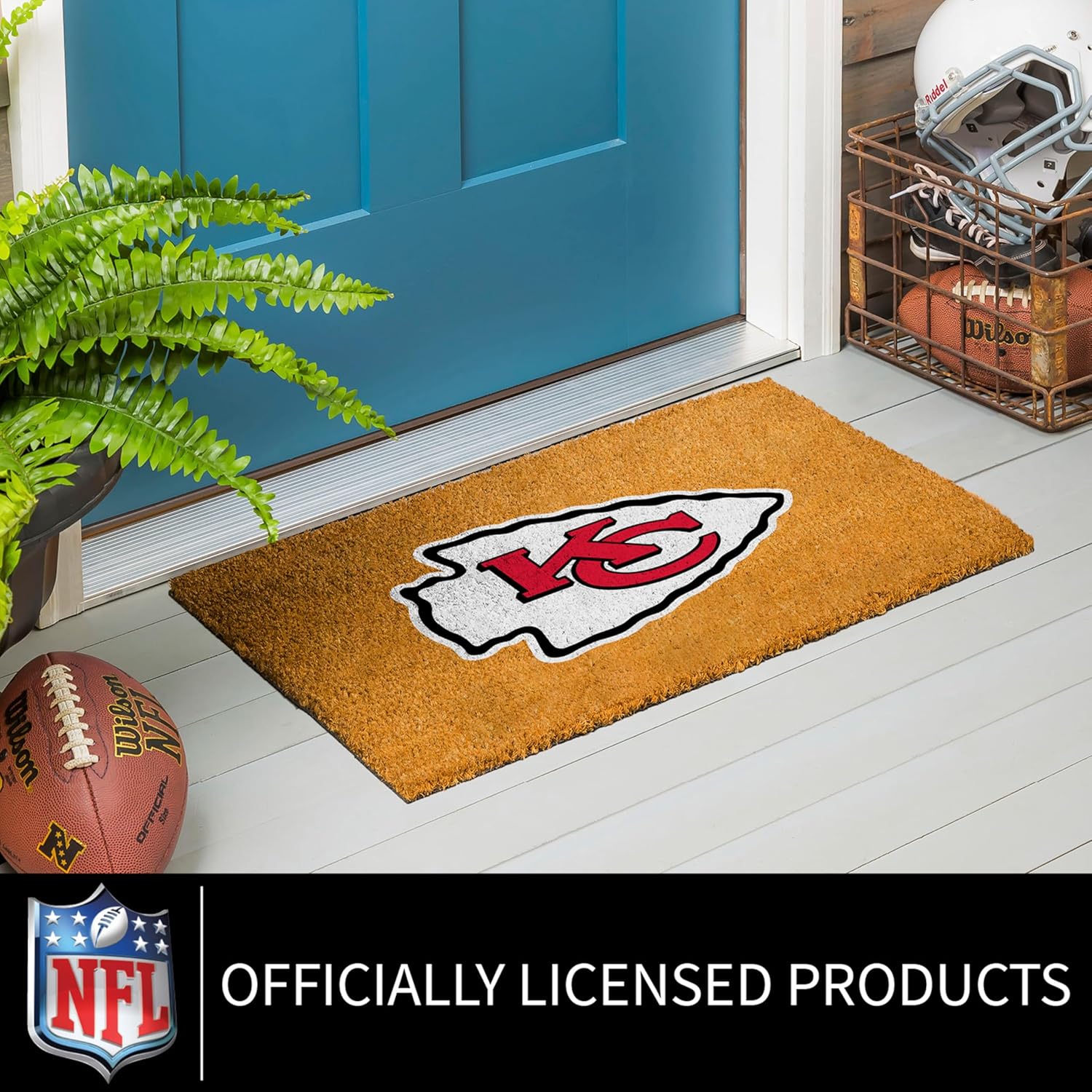 NFL Kansas City Chiefs Natural Coir Doormat, Official Full Color Team Logo, 28 x 16 Inches, Non Slip Back, Front Door Welcome Floor Mats, Indoor Outdoor Entrance Home Décor