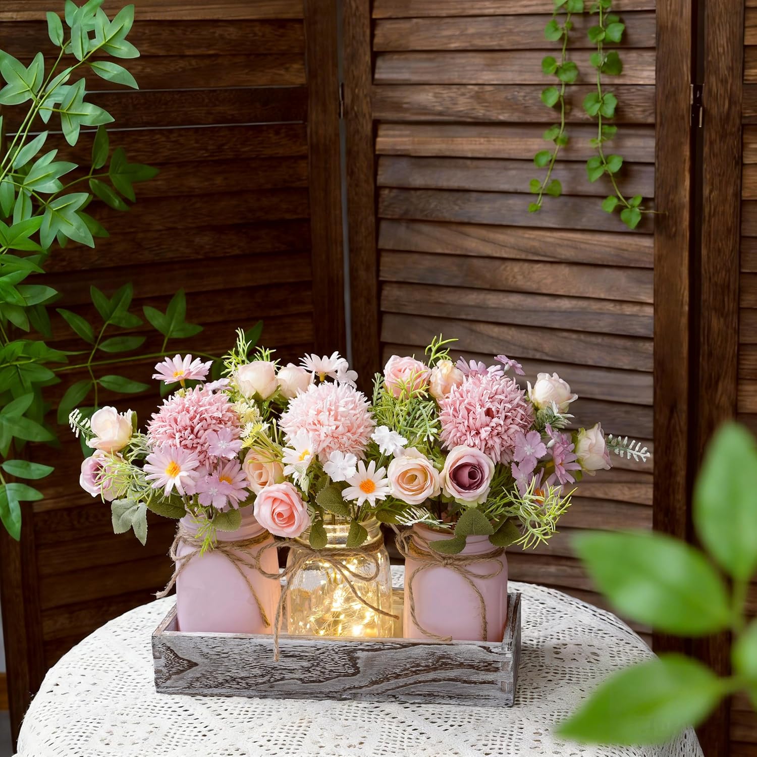 Mason Jar Lights Centerpiece Table Decor for Dining Room Farmhouse Wood Tray with 3 Jars Pink Flowers Valentines Day Decoration for Coffee Table Kitchen Living Room Wedding Spring Decoration