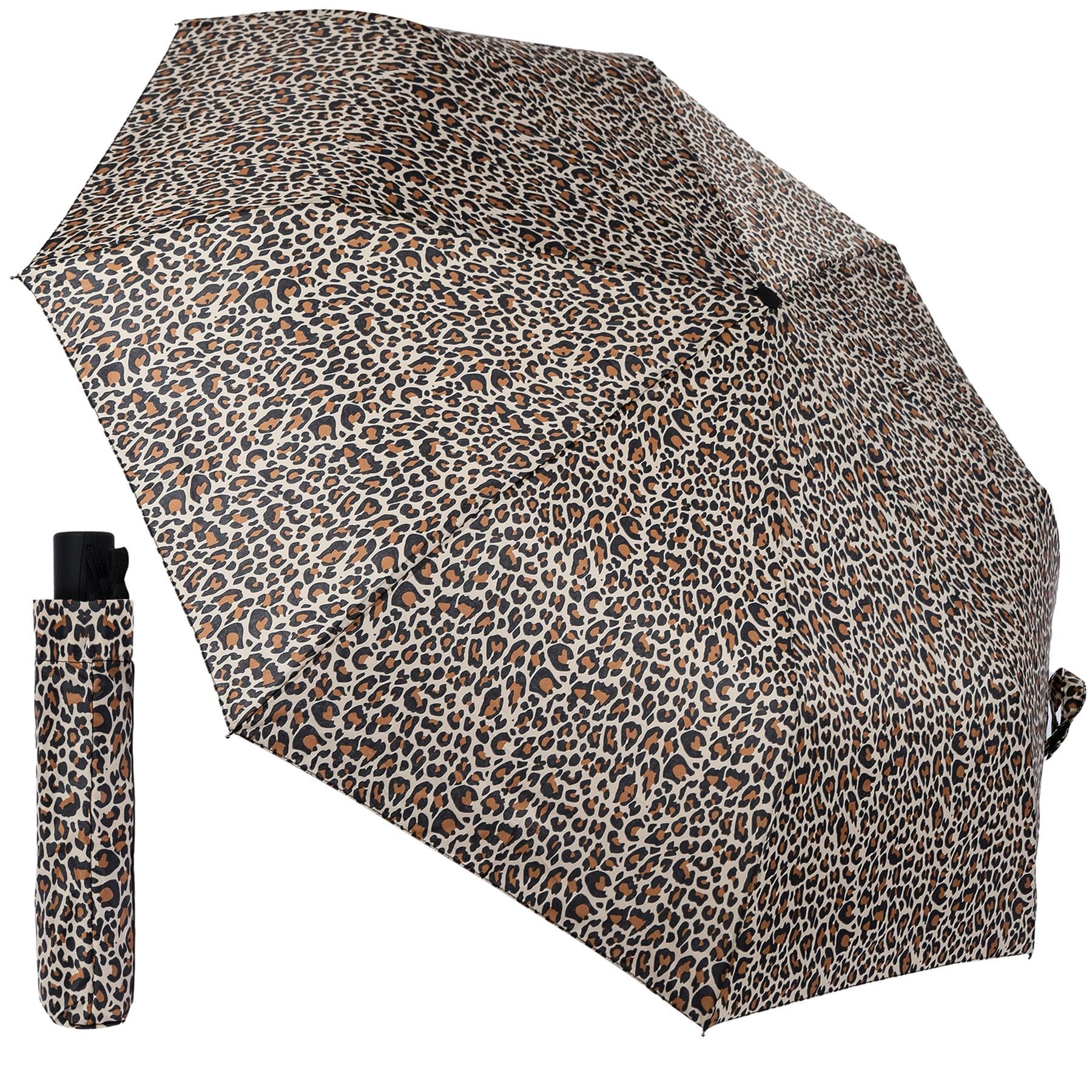 A2Z Ladies Supermini Umbrella Leopard Print 44" Canopy Auto Open ABS Handle Compact Size Folding Travel Brolly Rain Resistant Windproof Water-Repellent 190T Pongee Lightweight Umbrella with Cover Bag