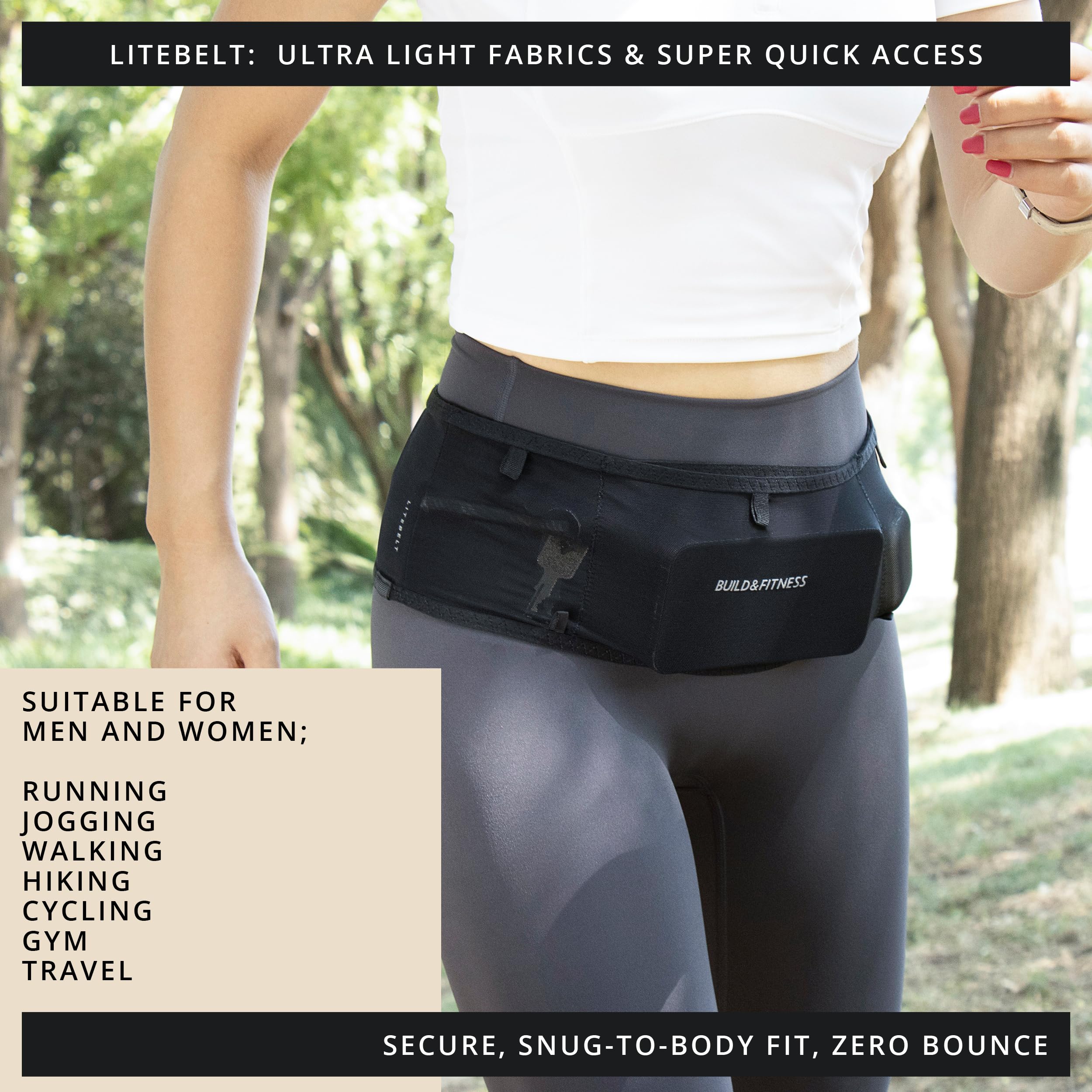 Build & Fitness LiteBelt Laufgürtel – 4 schnell zugängliche Taschen von oben – super leicht, schlank, Flip-Hüfttasche, Lauf-Handyhalter – passend für alle Größen Handys, Schlüssel, Karten, Earpods, L