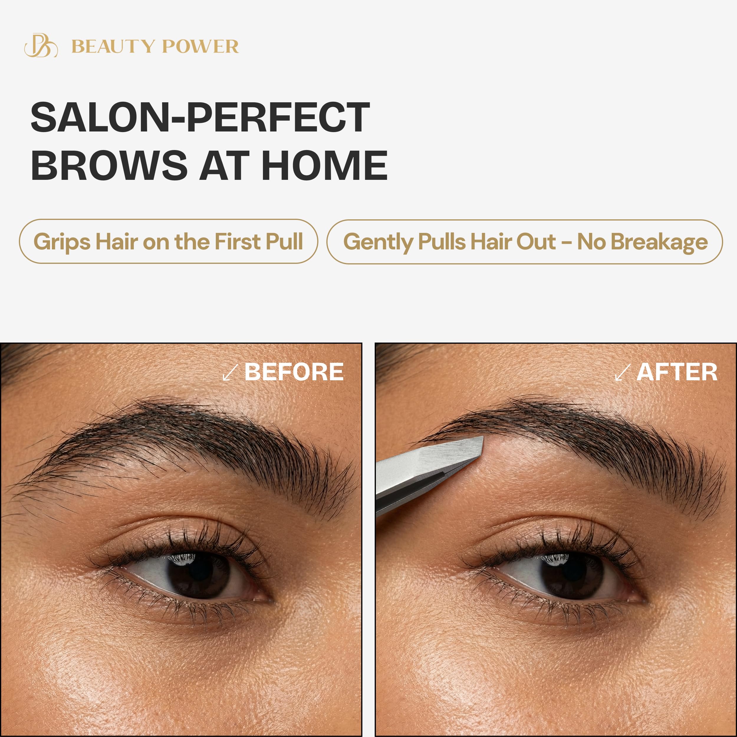 Beauty Power Pinzas profesionales, inclinadas, duraderas, ligeras, de acero inoxidable alemán, pinzas de ultra precisión para cejas, vello facial, barbilla y depilación encarnada (gris mate)