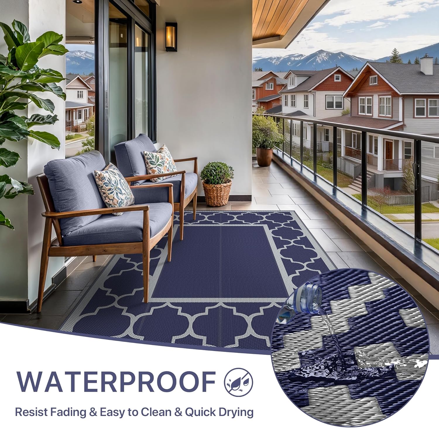 GENIMO 6' x 9' Outdoor Rug Waterproof for Patio Decor, Foldable Reversible Plastic Straw Area Rugs Mat for Camper, Outside Carpet for Rv, Deck, Porch, Picnic, Beach, Balcony, Blue & Grey
