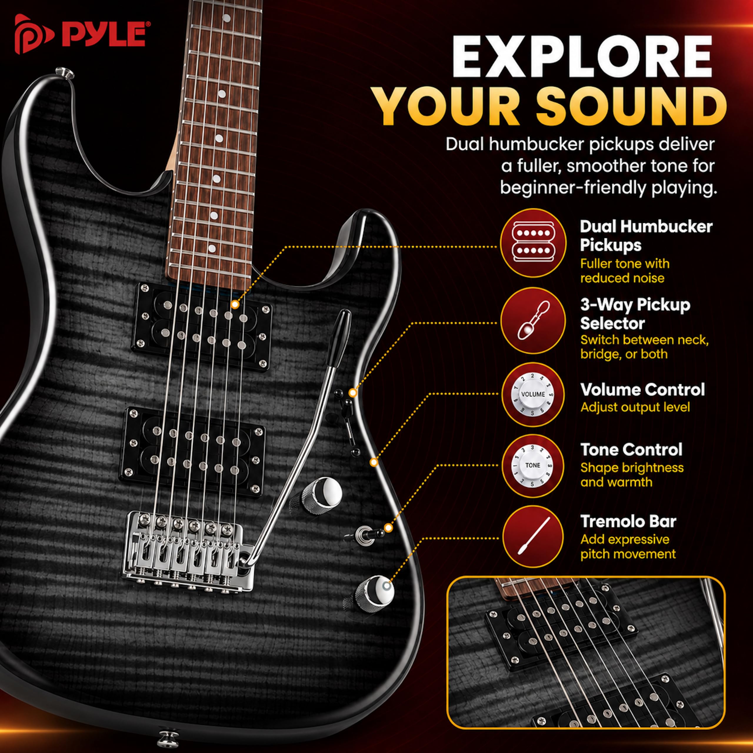 Pyle Kit Guitare Électrique Noir avec Amplificateur pour Débutants, Instrument Standard 39 Pouces avec Micros Humbucker, Set de Démarrage pour Enfants, Jeunes et Adultes