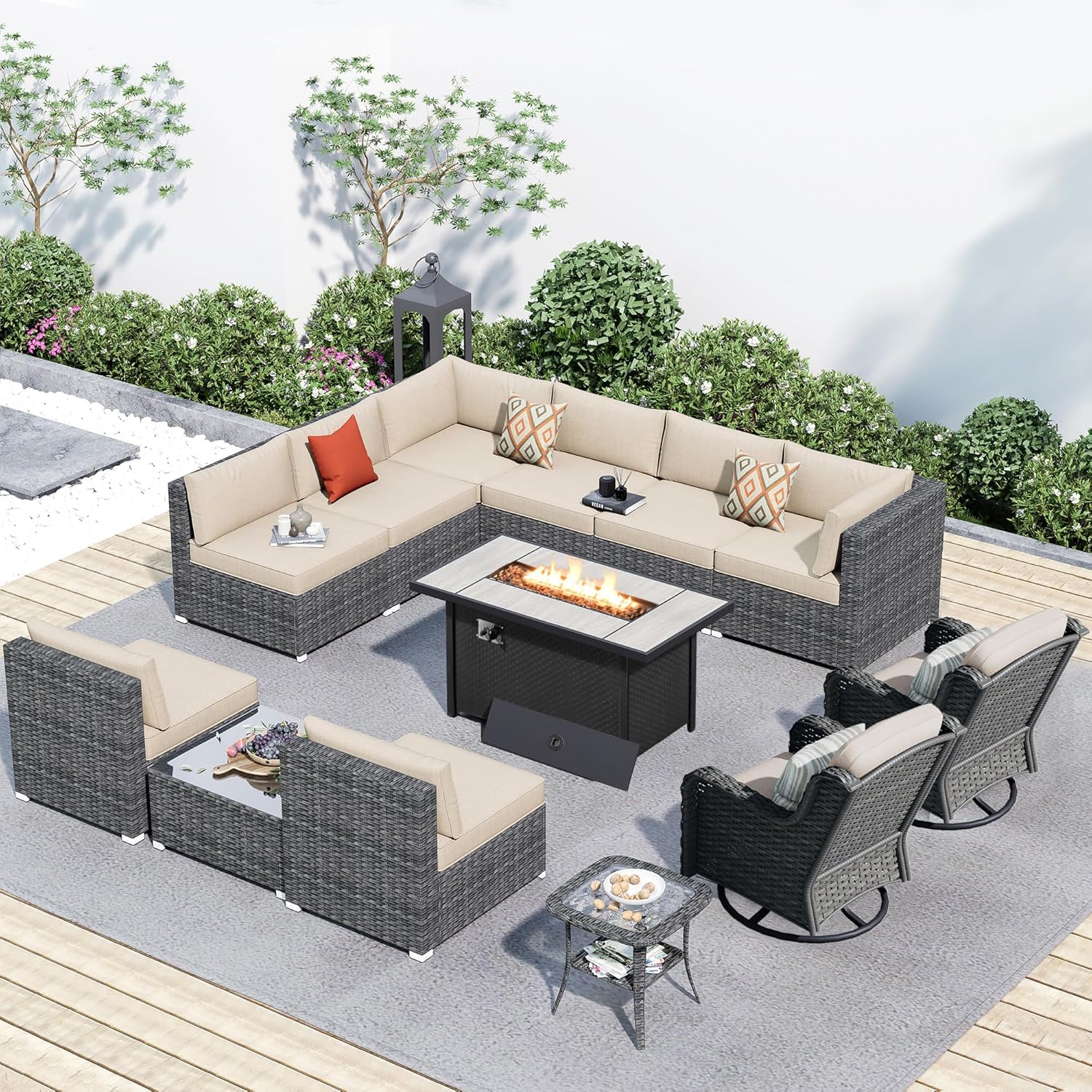 HOOOWOOO Outdoor Patio Furniture with Fire Pit Set 13 Pieces Patio Set with Fire Pit Wicker Outdoor Furniture with Fire Pit Table Set Patio Sectional Set with Swivel Chairs,Beige