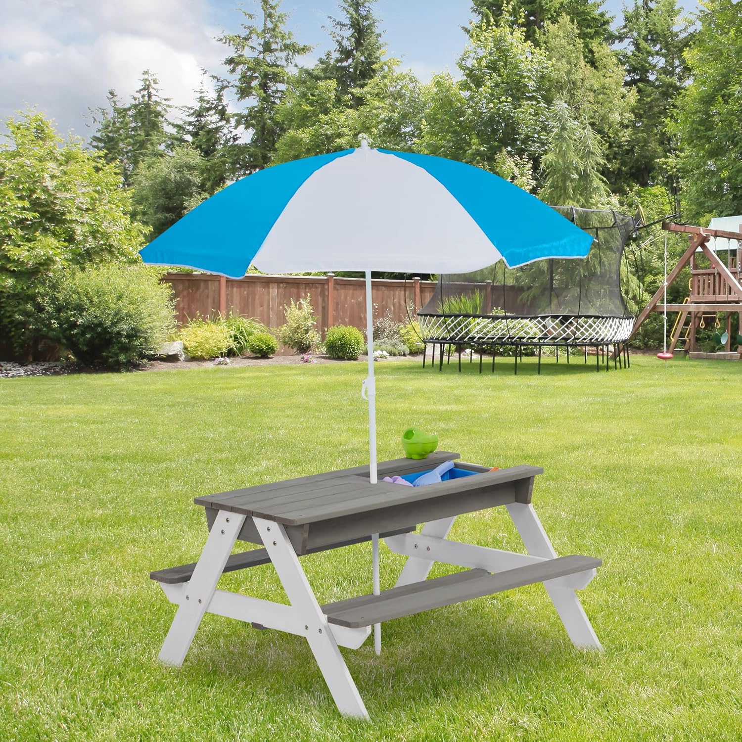 37" Kids Outdoor Wooden Picnic Table, 3-in-1 Wooden Table Chair Set with Removable Umbrella for Garden, Beach, Backyard, Porch, Patio (Grey)