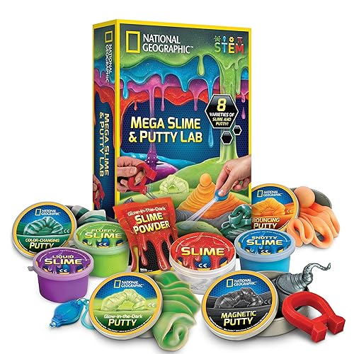 NATIONAL GEOGRAPHIC Mega Slime Kit & Putty Lab - 4 Types of Slime Plus 4 Types of Putty Including Magnetic, Slime Kit for Boys and Girls, Sensory Toy & Science Kit