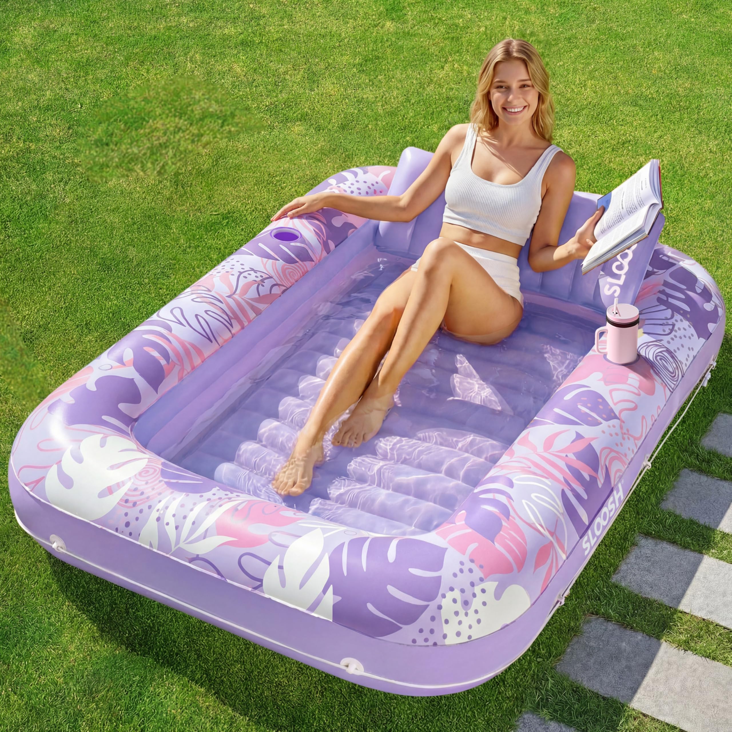 SLOOSH Pool Inflatable Tanning Lounger Float, 70" x 46" Pool Floats Adult with Pillow, 4 in 1 Suntan Tub Raft Floatie,Sunbathing Bed Lounge, L-Purple