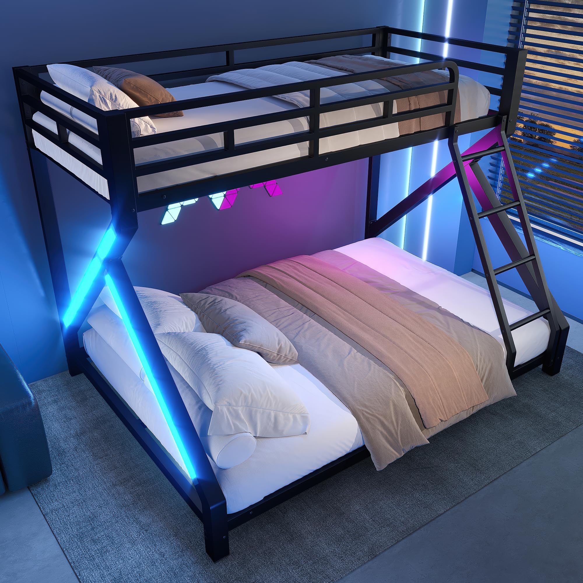 Litera con LED para niños y adultos, cama infantil con barandilla y escalera, hierro 90x200+140x200 cm, negro