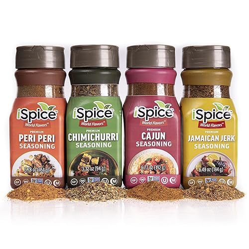iSpice - Juego de especias, el juego de regalo de condimentos incluye cajún, jerk jamaicano, chimichurri y Peri Peri, paquete de 4 condimentos