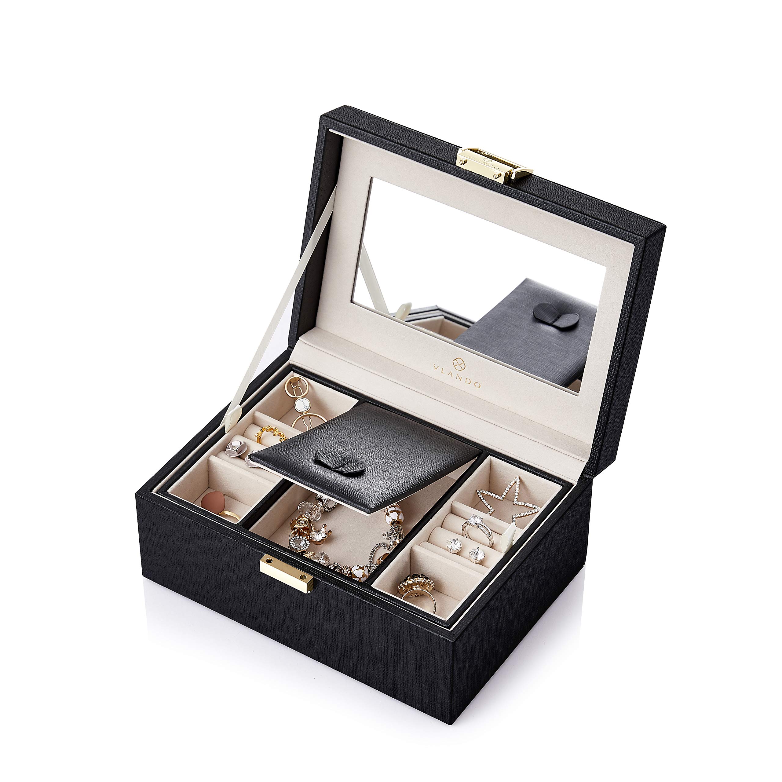 Jewelry Box, Travel Jewelry Organizer Case for Women Girls Men, 2 Layer Medium Jewelry Storage with Removable Tray for Necklace Earrings Rings Bracelets Watches, Birthday Vintage Gift, Black