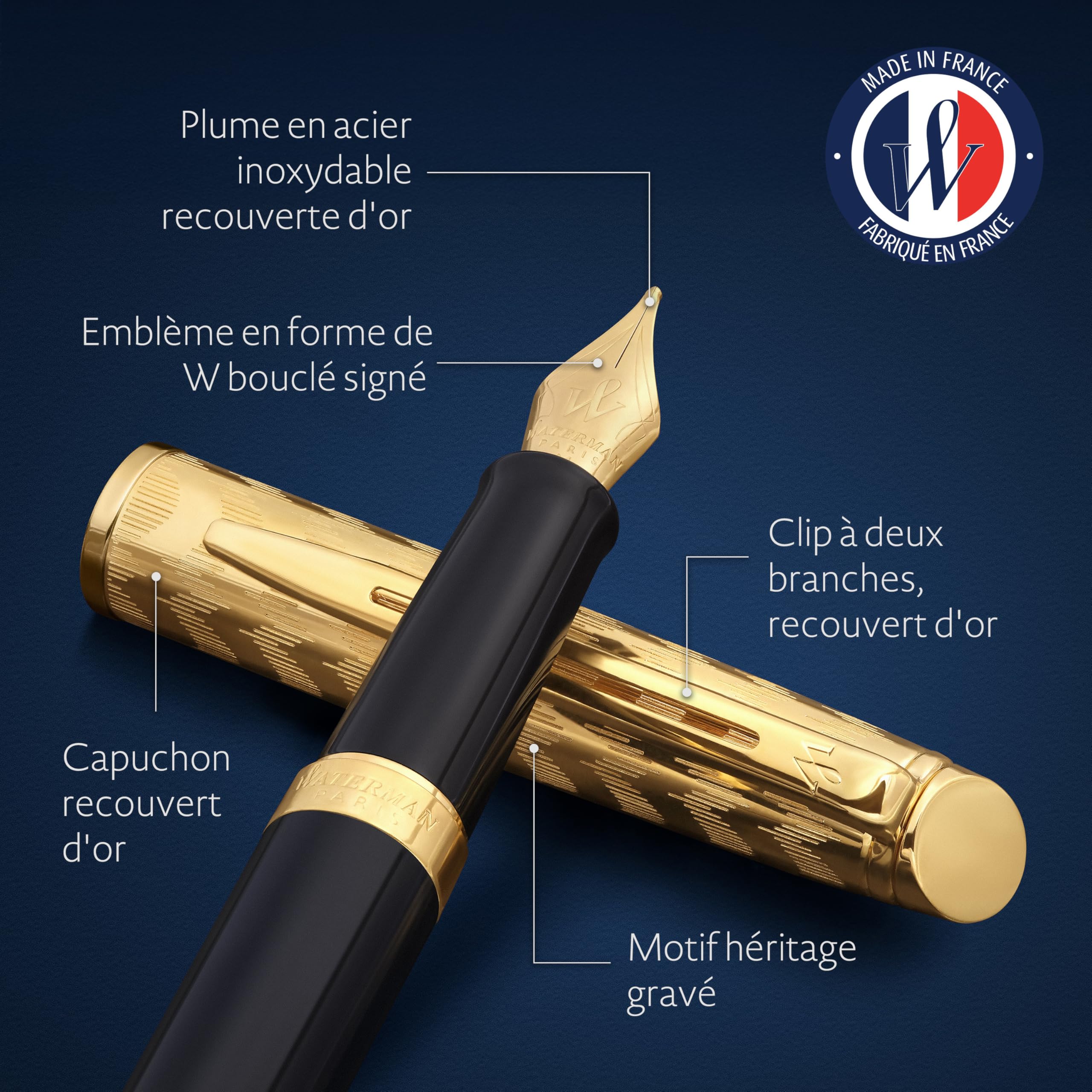 Waterman Hémisphère Stylo plume | La collection Opera | Noir et or | plume moyenne et cartouche d’encre bleue | Coffret cadeau géométrique