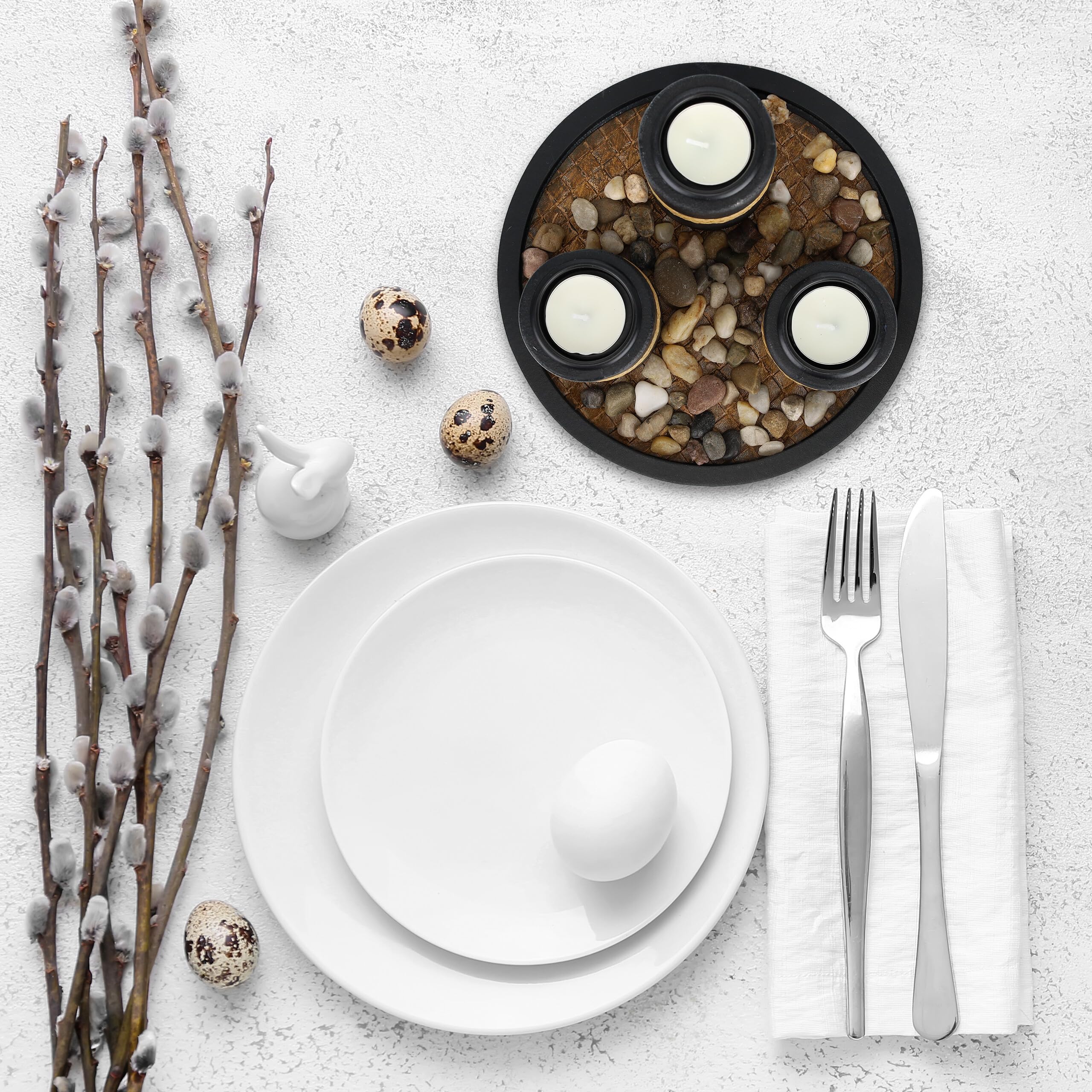 Relaxdays Portacandele Decorativo con Vassoio e Pietre, Ø 19,5 cm, Decorazione per Tavolino e Soggiorno, Nero Marrone