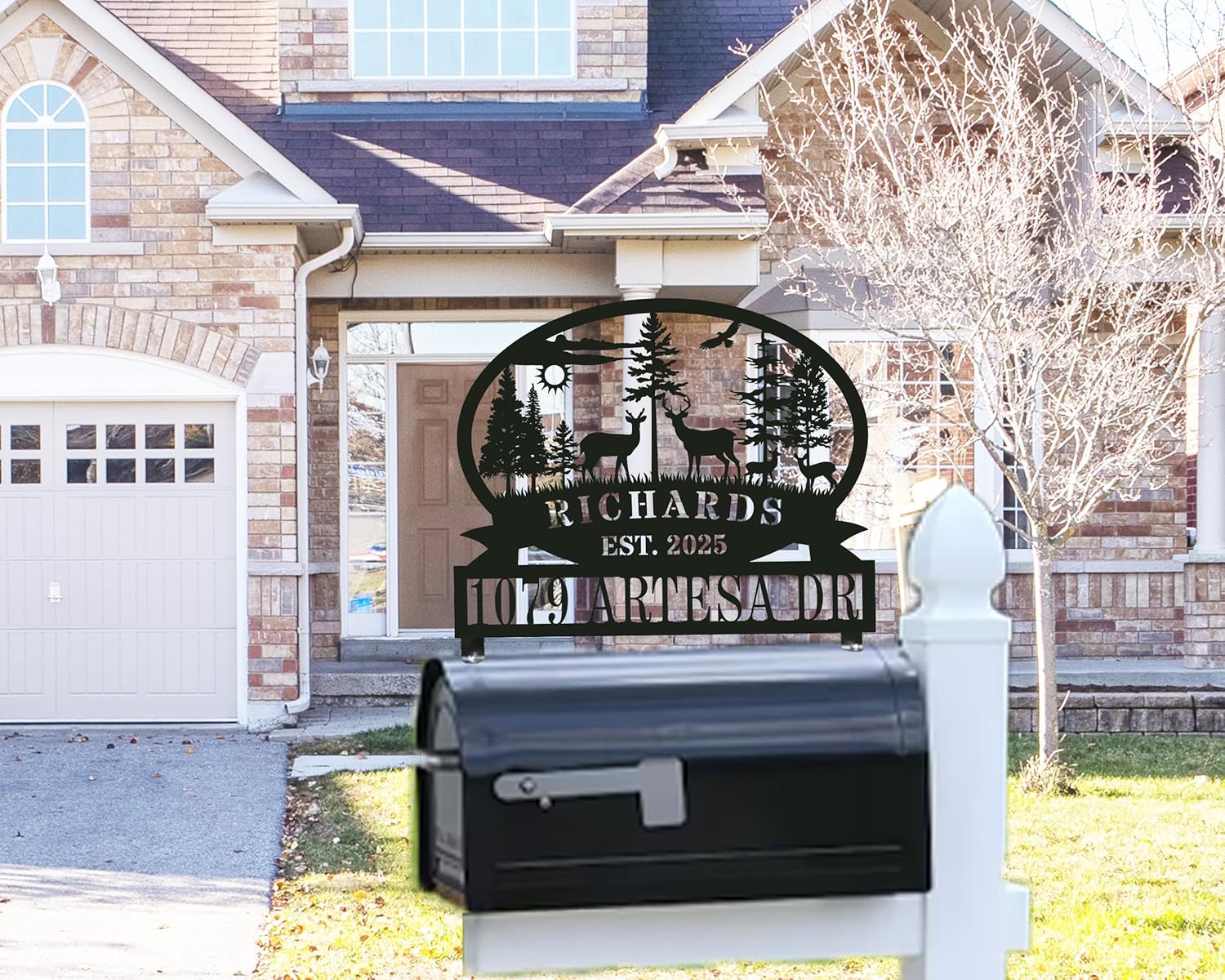 Custom Address Sign for Mailbox Topper - Personalized Oval Deer Metal Cabin Mailbox Sign - House Number Mailbox Topper - Personalized Outdoor Decor (Mailbox and Post NOT Included)