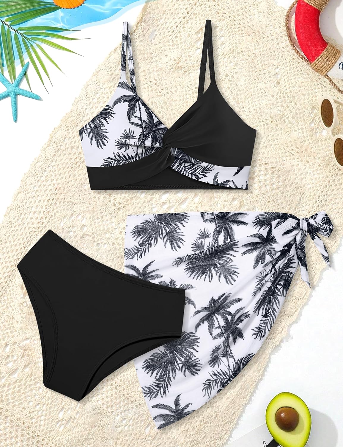 Girls Swimsuit, Bathing Suits 3 Piece Tropical Floral Twist Cross Bikini Sets Girls' Swimwear with Cover Up Skirt 7-16T - Image 4