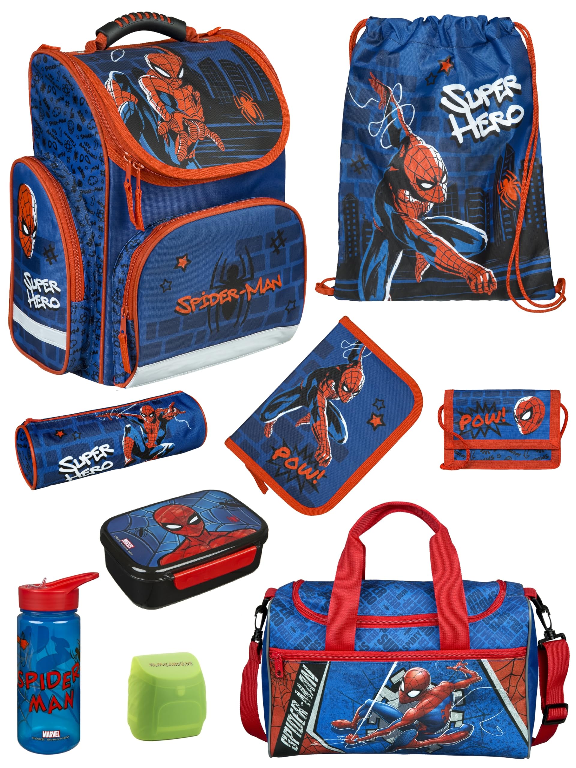 Familando - Schulranzen Set CLOU - 9-teilig mit Sporttasche - Marvel Spiderman - Ergonomisch, stabil & mit gepolstertem Rücken - 930g leicht - 15L Volumen - Mit Reflektoren - ab 1. Klasse
