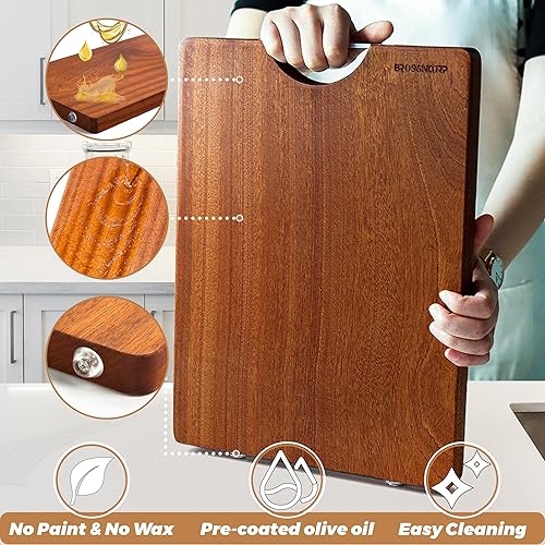Miniatura 3 de Brosisincorp Sapele - Tabla de cortar de madera para queso verduras carne tabla de cortar reversible de madera dura con mango de acero inoxidable