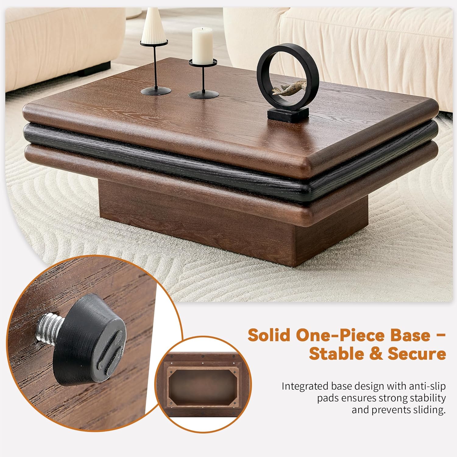 3-Tier Stacked Rectangular Coffee Table for Living Room, Modern Wood Coffee Table with Two-Tone Style Finish, Low Profile Center Table with Rounded Edges, Mid Century Modern Accent Table