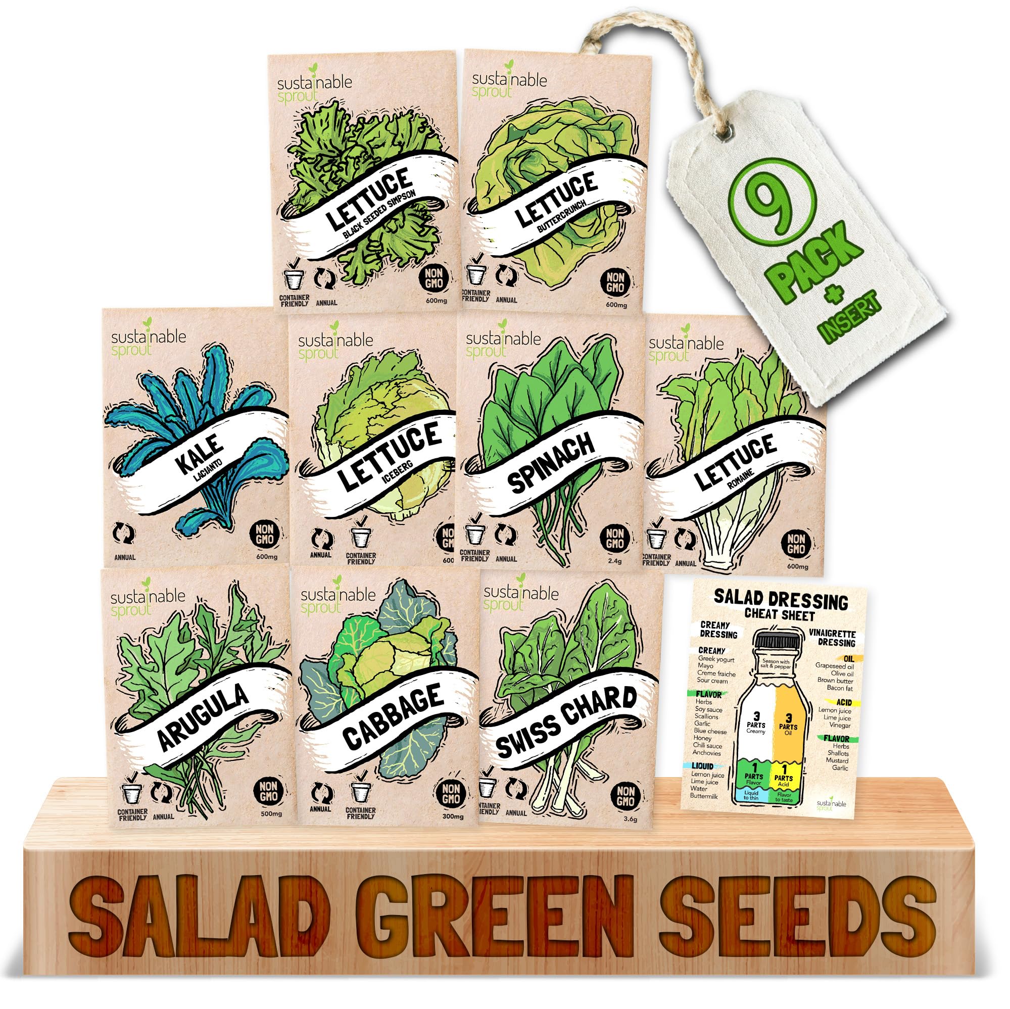 SUSTAINABLE SPROUT Salad Seeds Kit 9 Pack: Bulk Lettuce, Bibb, Romaine, Kale, Spinach, Cabbage, Swiss Chard Arugula Seeds for Planting, Vegetable Seeds Variety Pack 100% Non-GMO Indoor/Outdoor Veggie