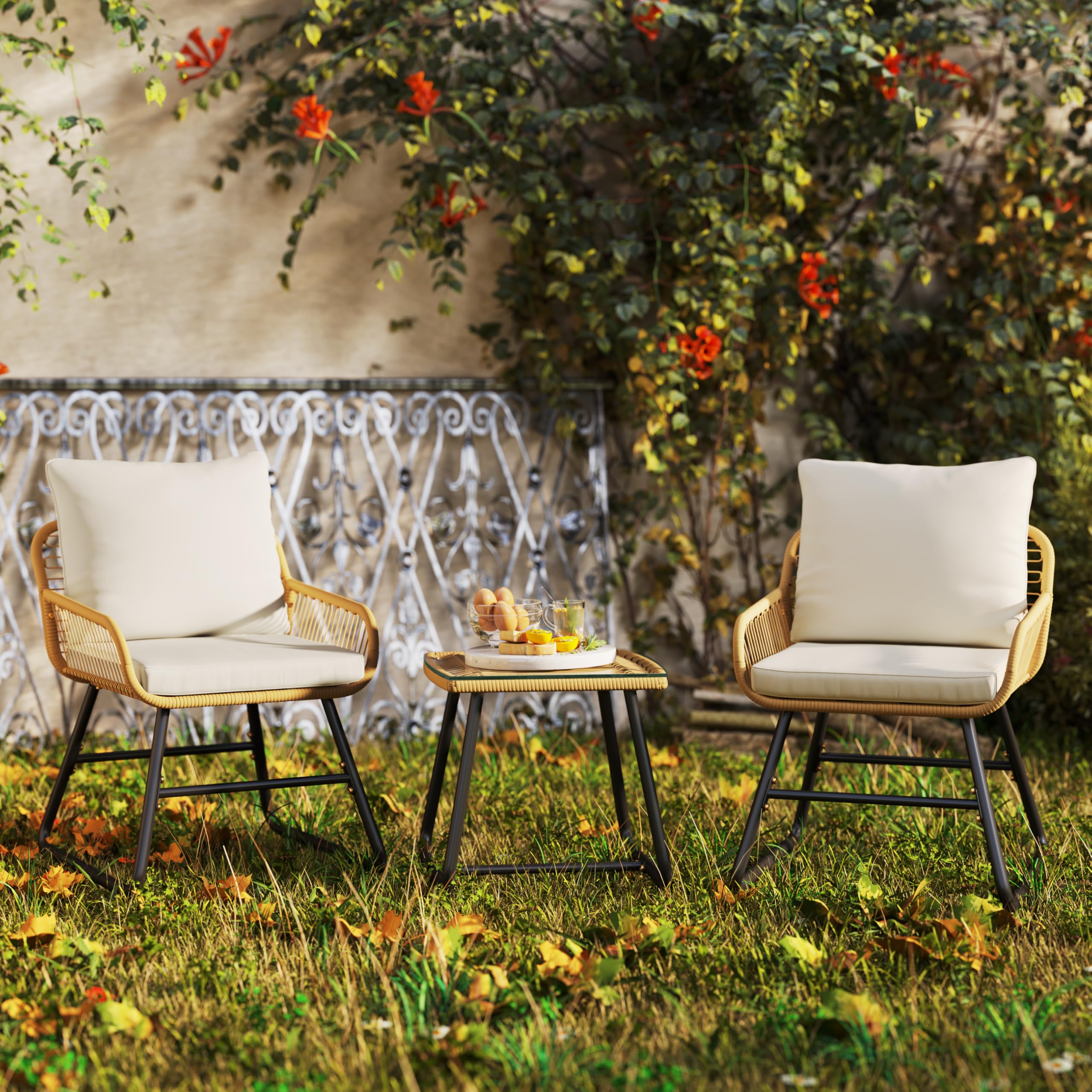 Yaheetch - Ensemble de 3 Meubles de bistrot en polyrotin avec 2 chaises - Petit Balcon, Salon de Jardin, extérieur, Marron Clair et Blanc crème