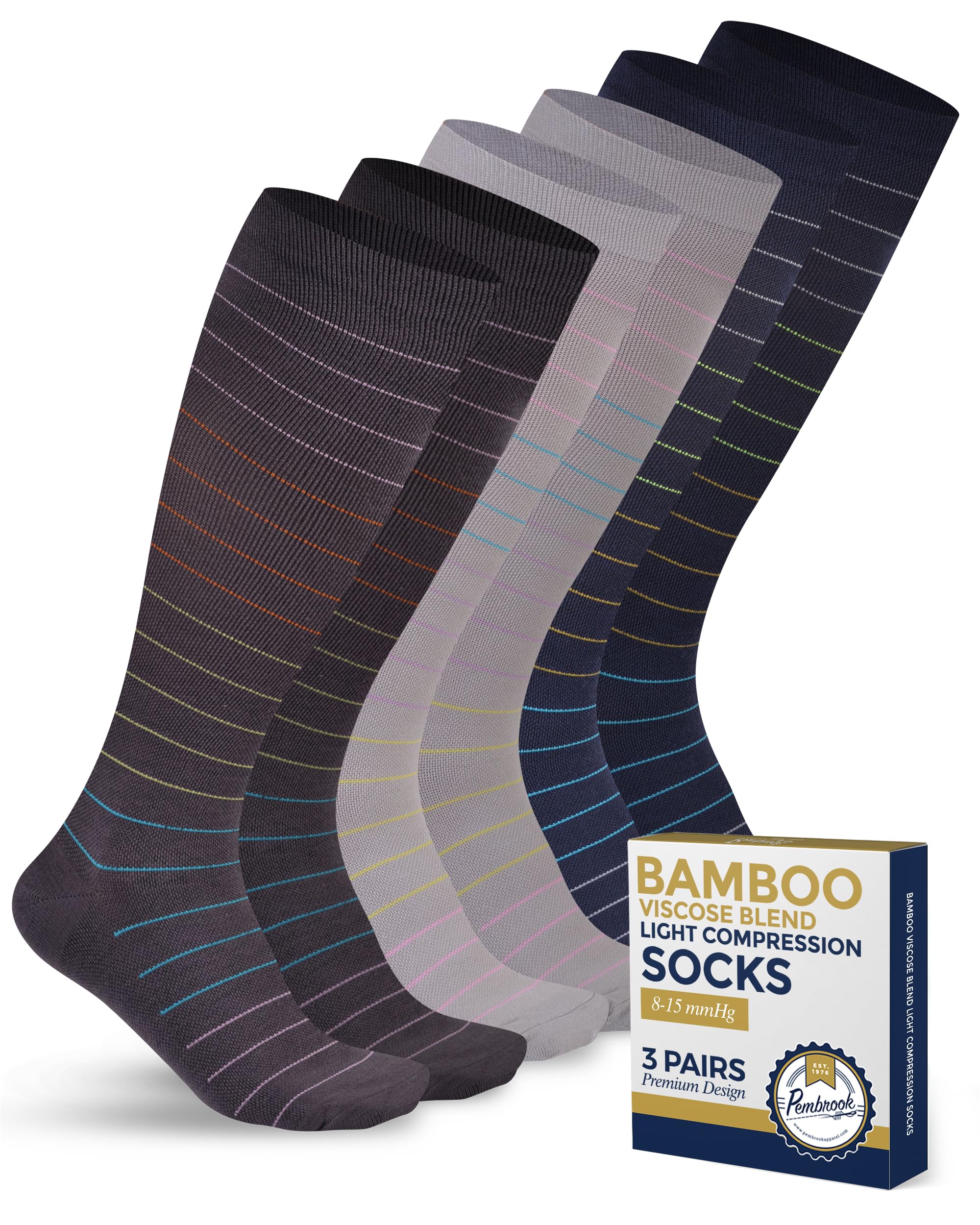 Pembrook® Bamboo Viscose Light Compression Socks - 3 Pairs | Mens and Womens Compression Socks 8-15 mmHg | Navy, Dark Grey, Light Grey (Colorful Stripes) - Compression Socks | Mubboo