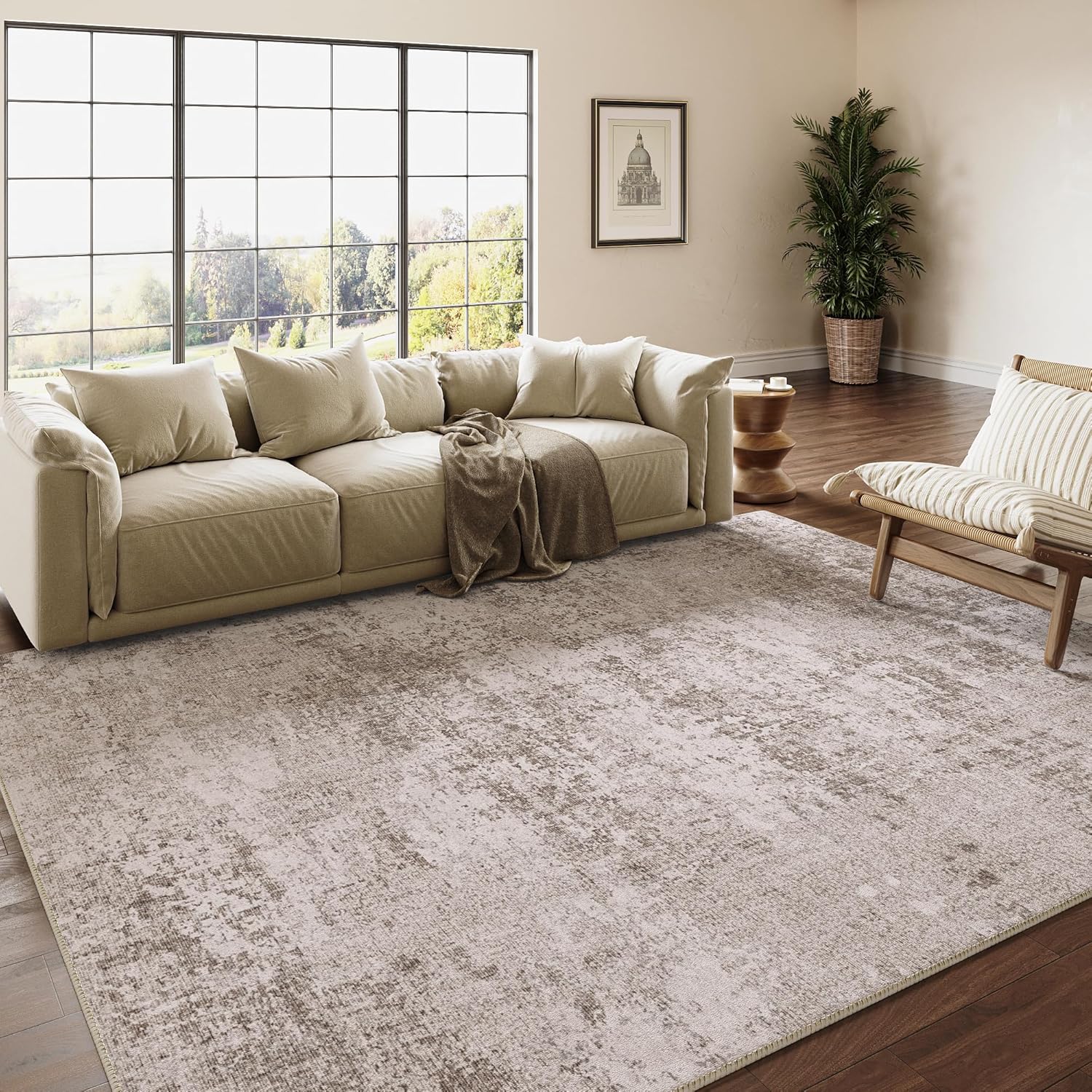 Modern Abstract Light Brown Rug 8x10 Machine Washable Living Room Area Rug Indoor Accent Rug Low Pile Carpet Distressed Throw Rug Bedroom Office Dining Room Non Slip 8'x10' Abstract Light Brown