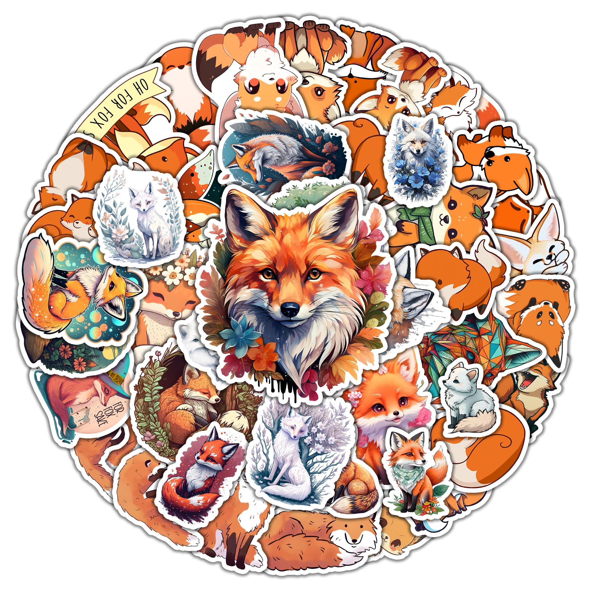 BIGZORO Pack 50 PCS Fox Stickers for Kids Adult Teens Vinyl Decals Waterproof Decoration Laptop Computer Phone Case Guitar Water Bottles Skateboard Suitcase