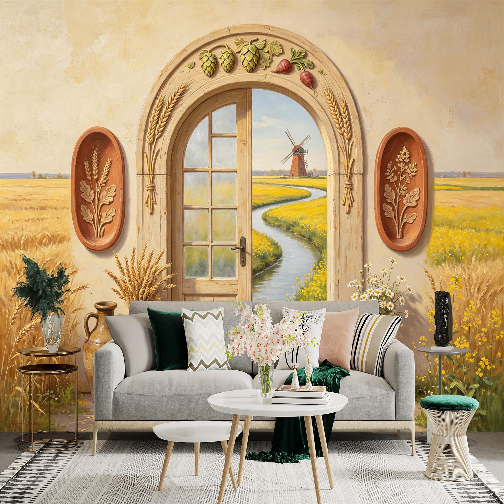 Custom Size Wall Sticker Mural， Rustic Countryside Doorway， Wheat Field， River Path and Windmill Landscape， for wall Decoration， peelandstick wall Decals.