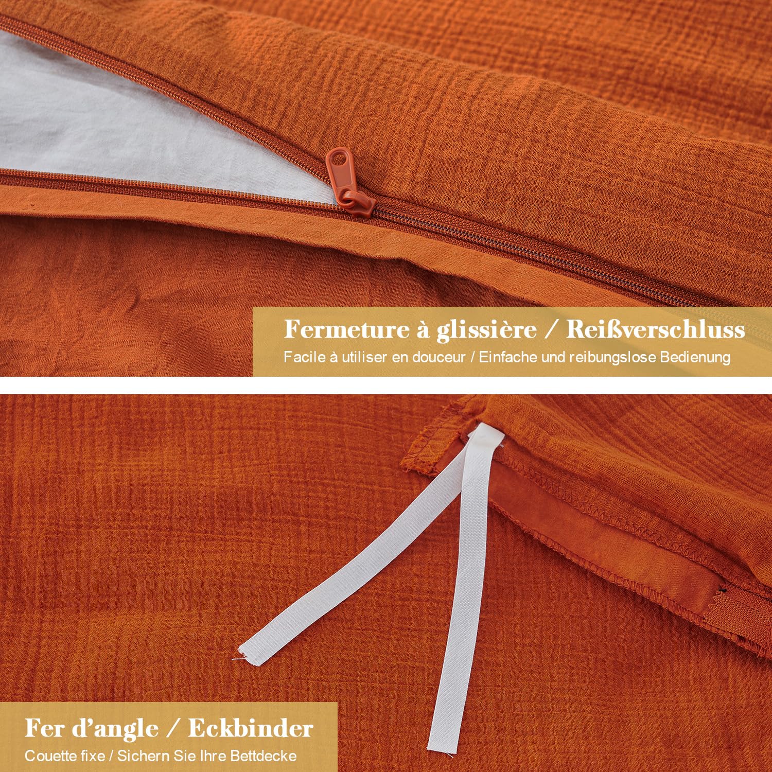 Simple&Opulence Ropa de Cama de Muselina de algodón, Juegos de Cama Extra Suaves y Transpirables, Funda nórdica Oeko-Tex con Cremallera y 1 Funda de Almohada 80x80cm, Naranja Quemado, 155×220cm
