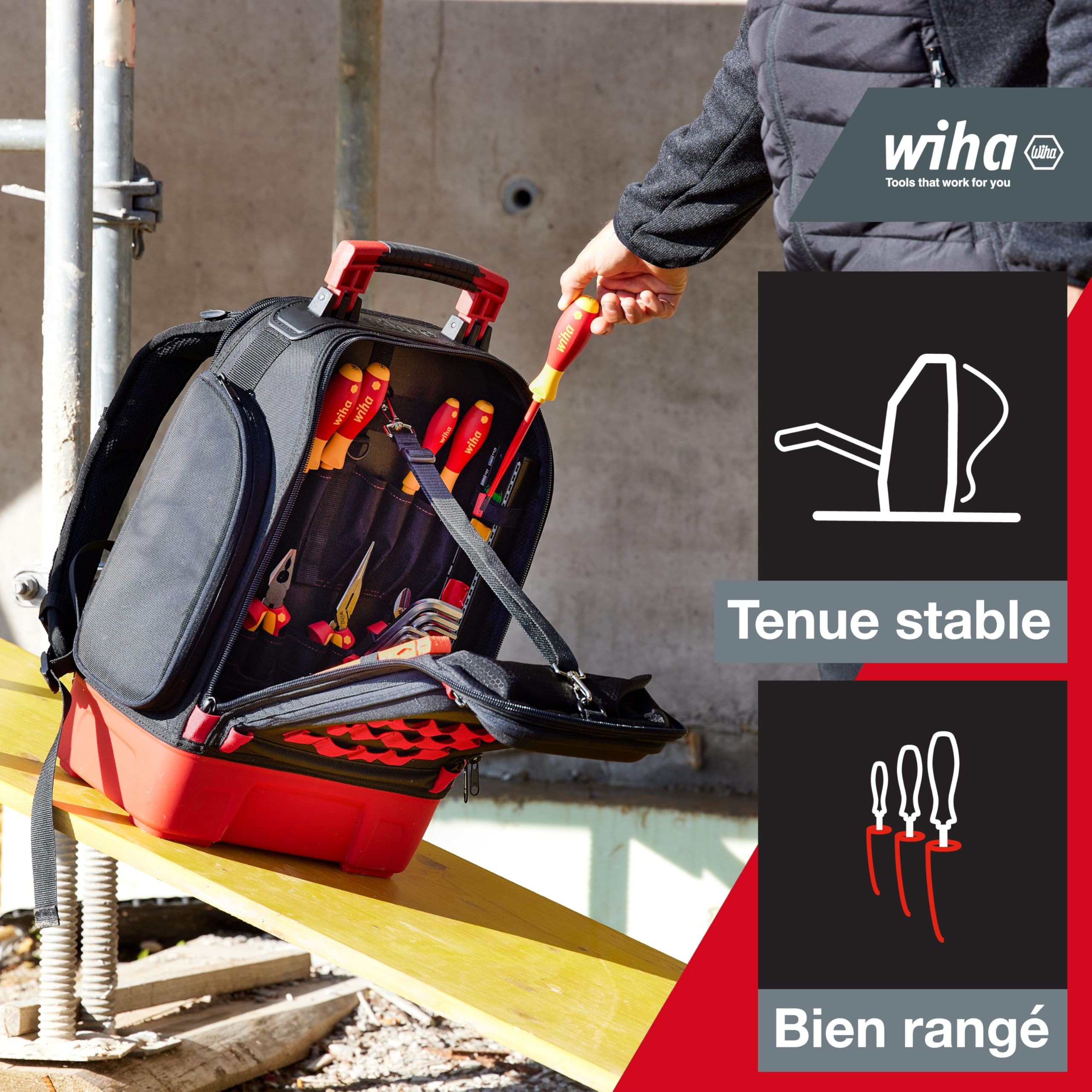 Wiha Sac à dos d'outils électricien professionnel de chantier robuste durable avec compartiment ordinateur et coque solide étanche (45528)