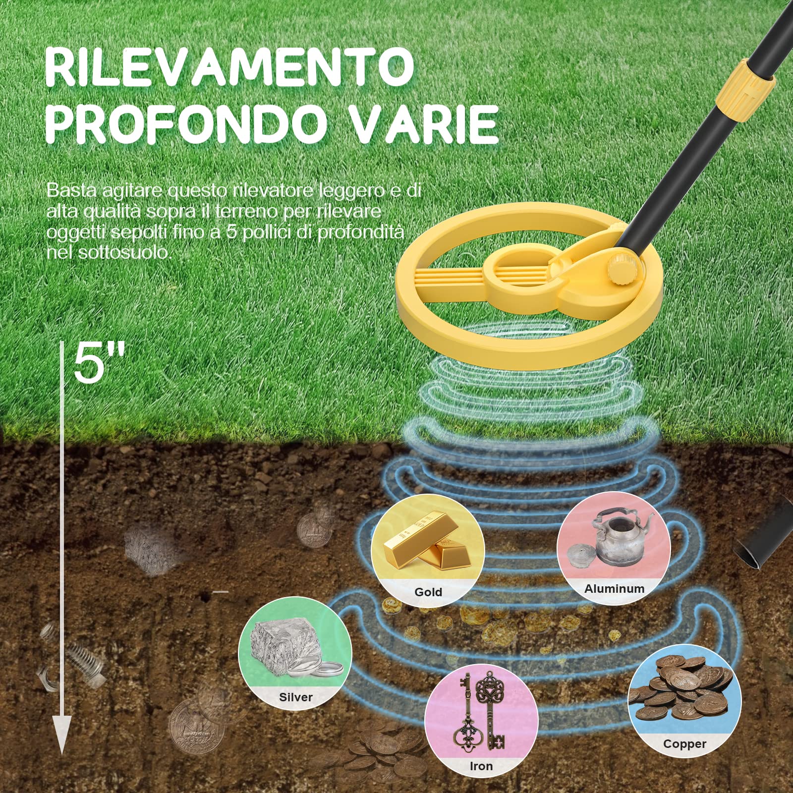 Rivelatore di metallo per bambini, impermeabile, con paletta per bambini, bobina di ricerca da 7,5" con display LCD