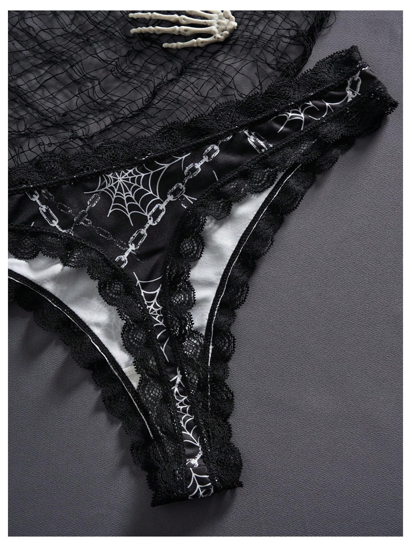 SOLY HUX Women's Gothic Lace Trim Thongs 3 Packs Funny Printed Panties Sexy Underwear: Small Black Printed
