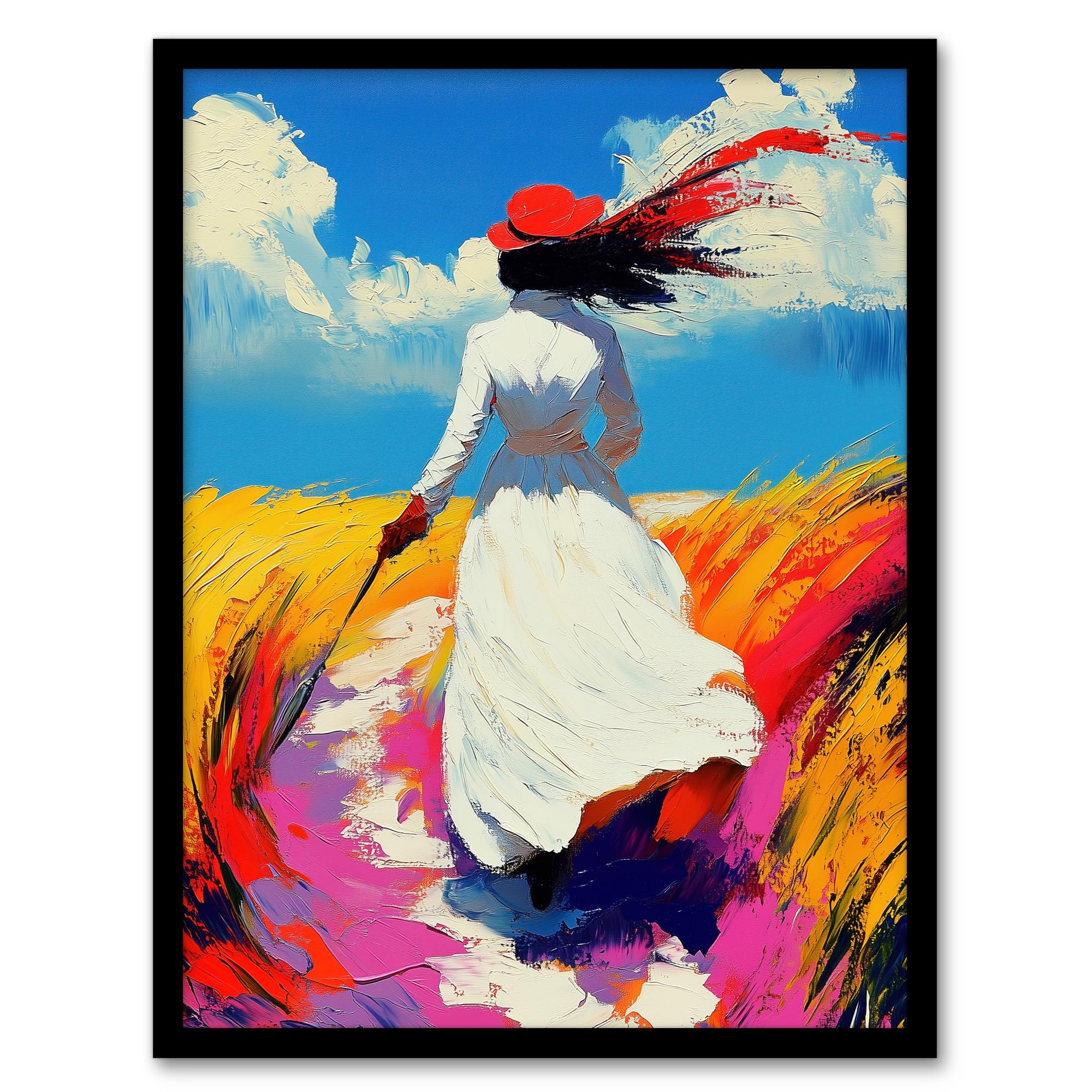 Artery8 Lady Walking Through Windy Wheat Field Landscape Living Room Artwork Framed Wall Art Print 18X24 Inch